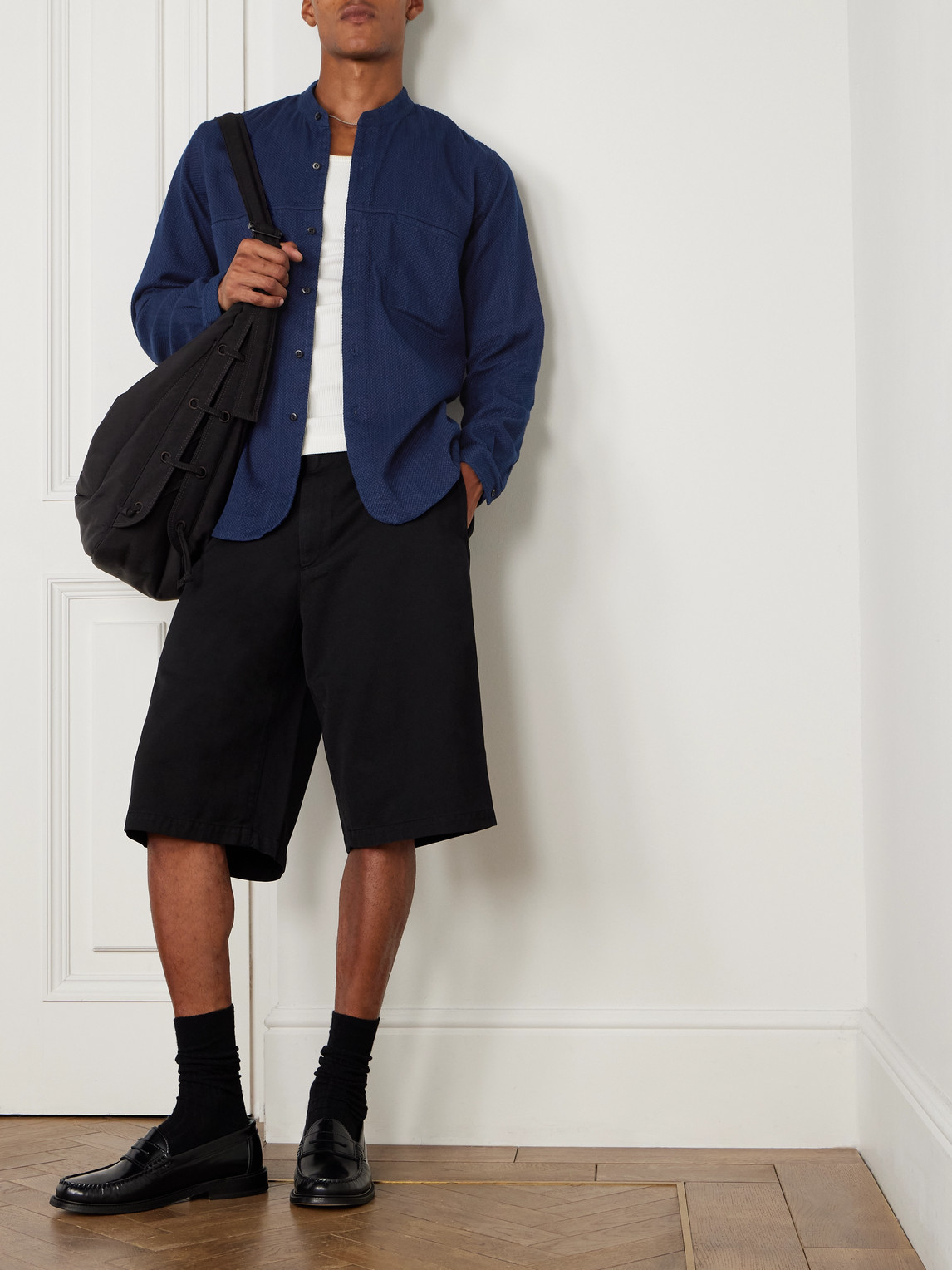 Blue Blue Japan Grandad-collar Textured-cotton Shirt In Blue