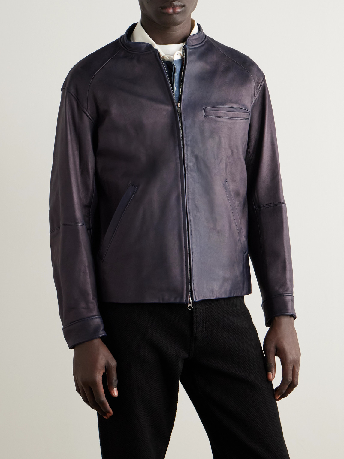 Blue Blue Japan Indigo-dyed Leather Biker Jacket In Brown