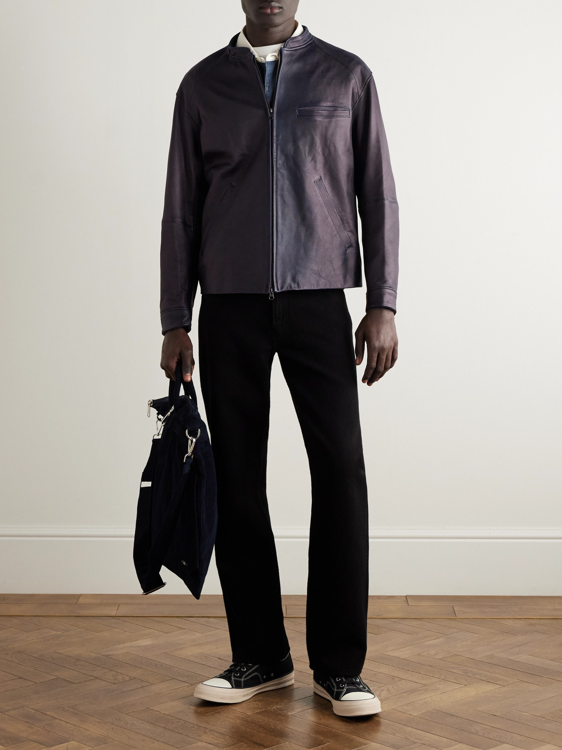 Blue Blue Japan Indigo-dyed Leather Biker Jacket In Brown