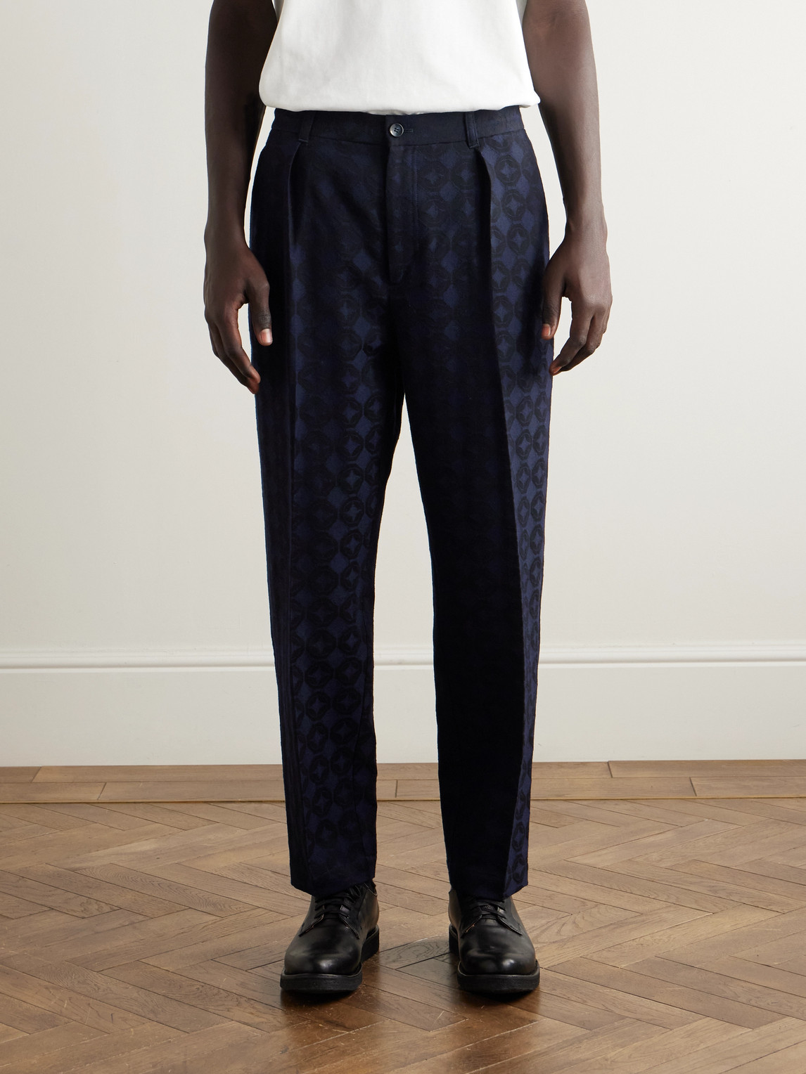  Blue Blue Japan - Straight-leg Pleated Cotton And Wool-blend Jacquard Suit Trousers - Men - Blue - L 