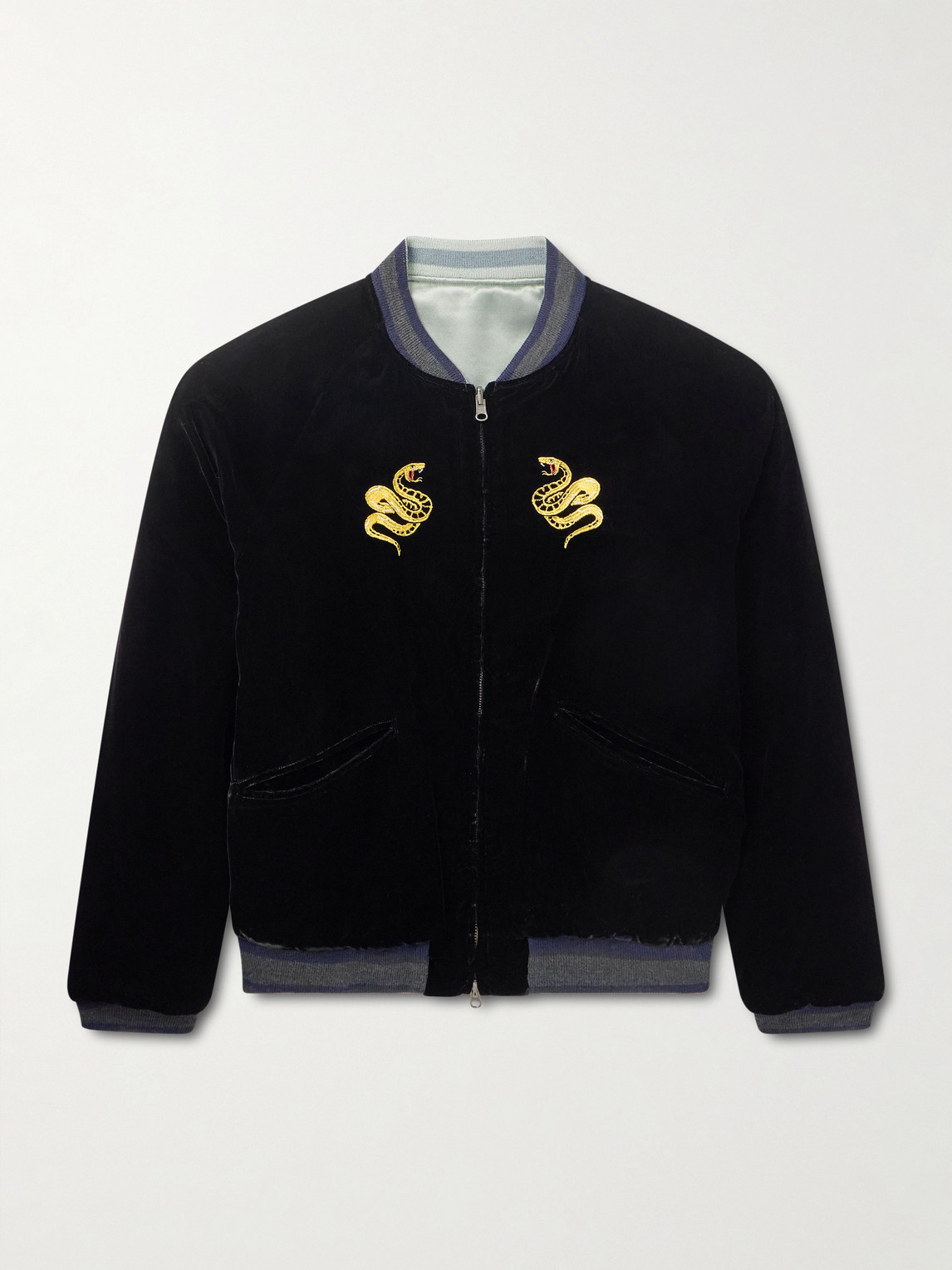 Blue Blue Japan Tora Ni Fuji Reversible Embroidered Velvet and Satin Bomber Jacketen