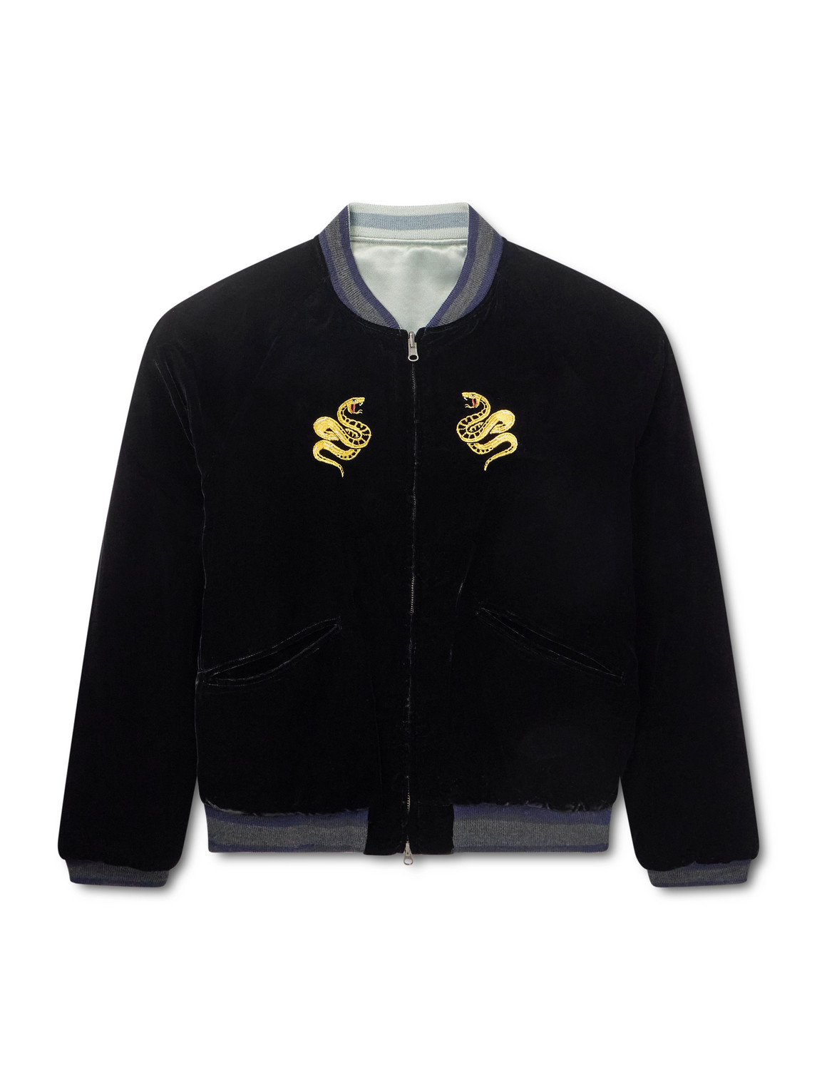Blue Blue Japan Tora Ni Fuji Reversible Embroidered Velvet And Satin Bomber Jacket In Black