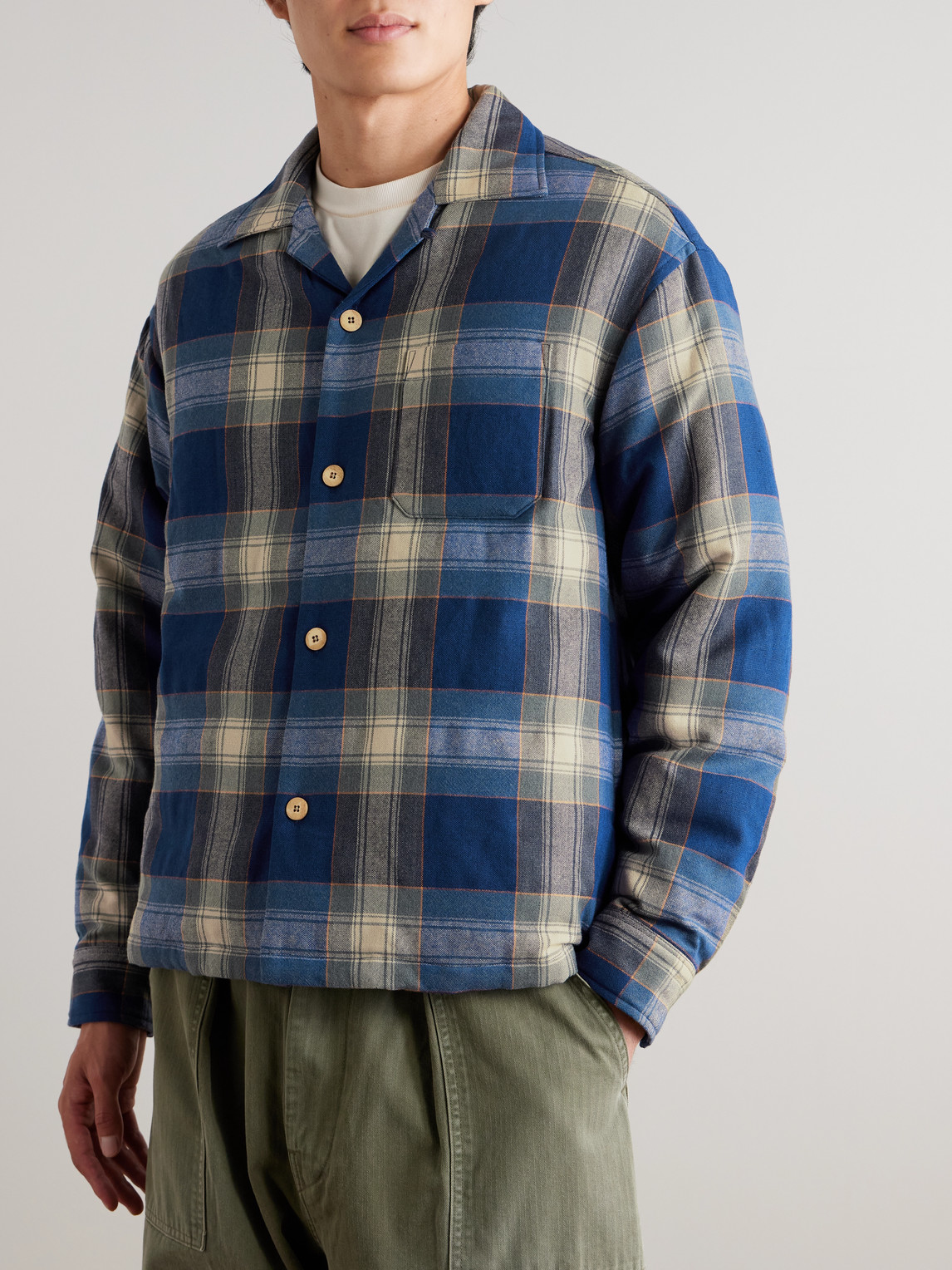 Visvim Keesey Checked Wool And Linen-blend Flannel Down Jacket In Blue