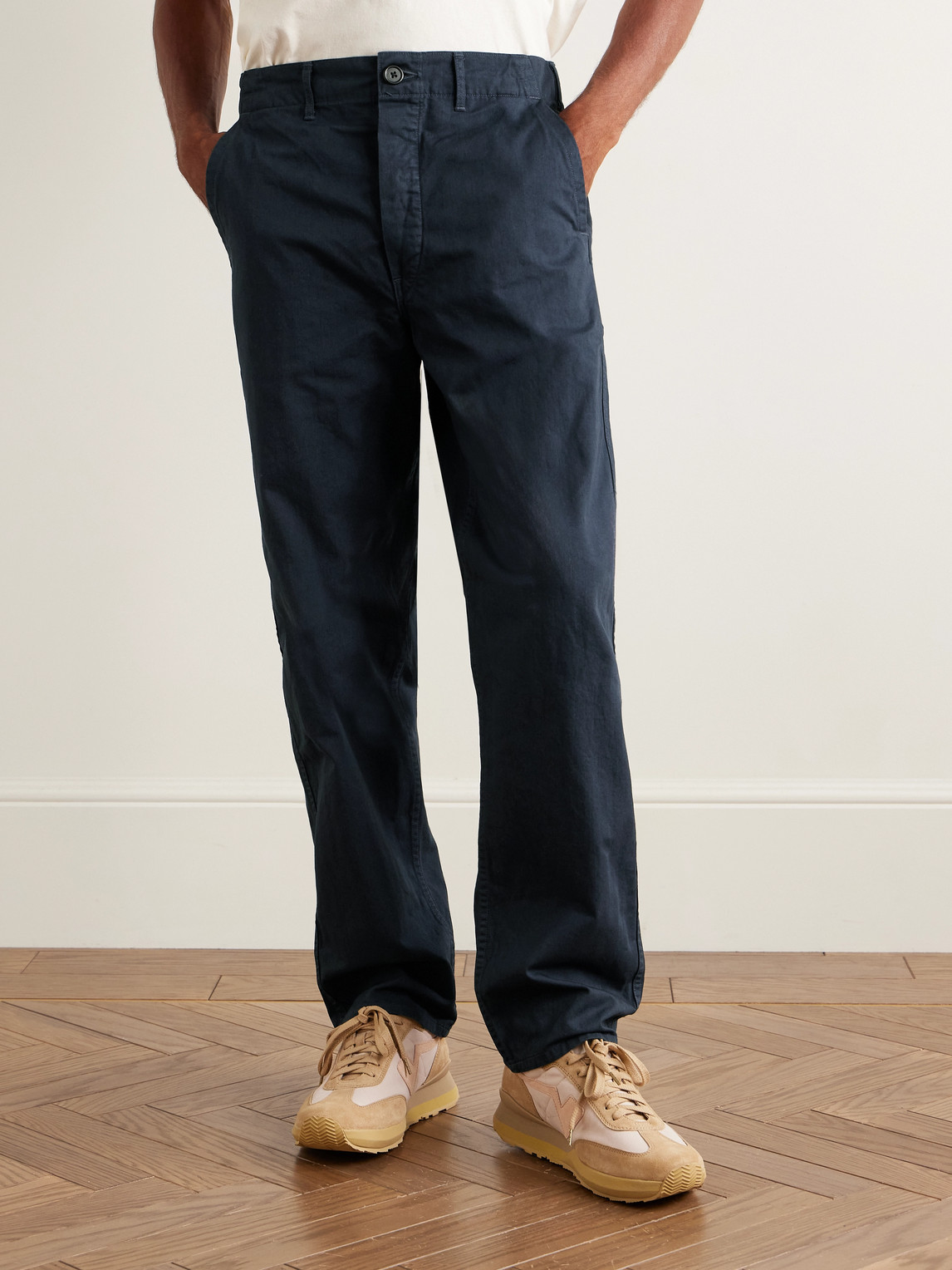 Orslow Straight-leg Herringbone Cotton Trousers In Blue
