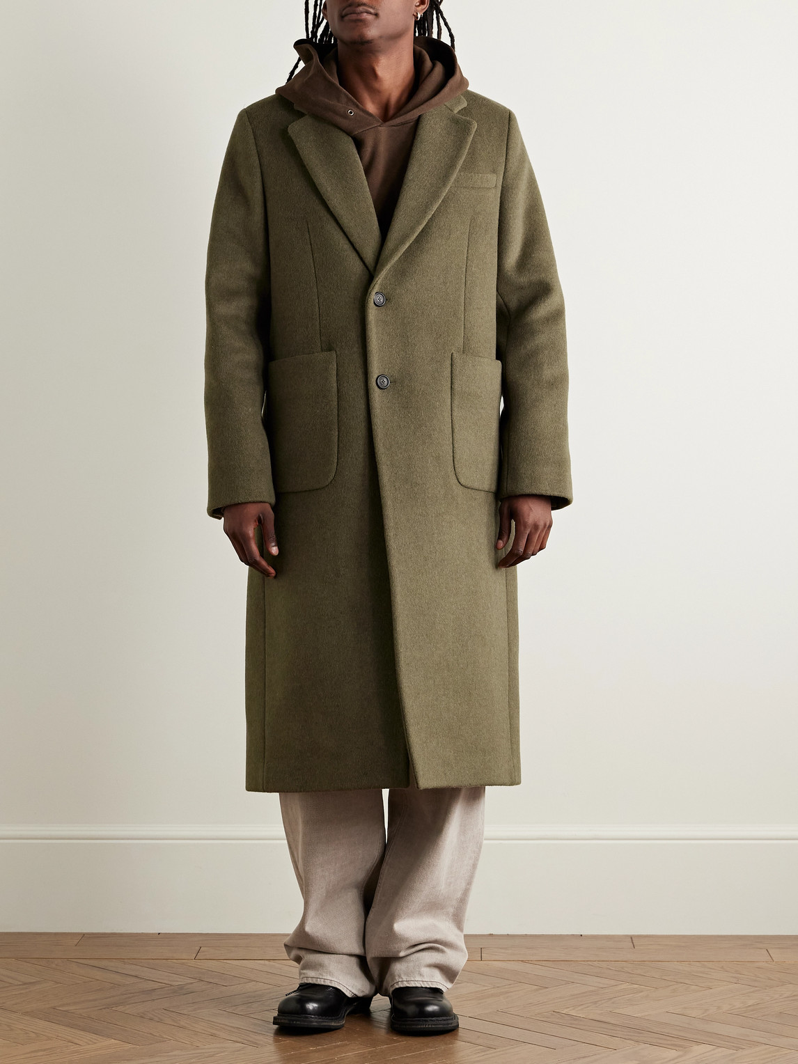 Our Legacy Long Wool Blend Coat With Notch Lapel In Green