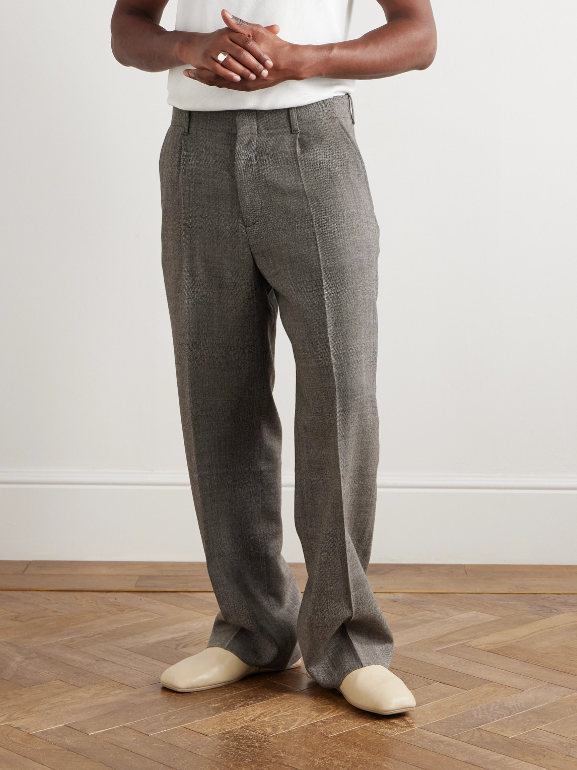 Our Legacy Borrowed Chino Wide-leg Pleated Wool Trousers In Gray