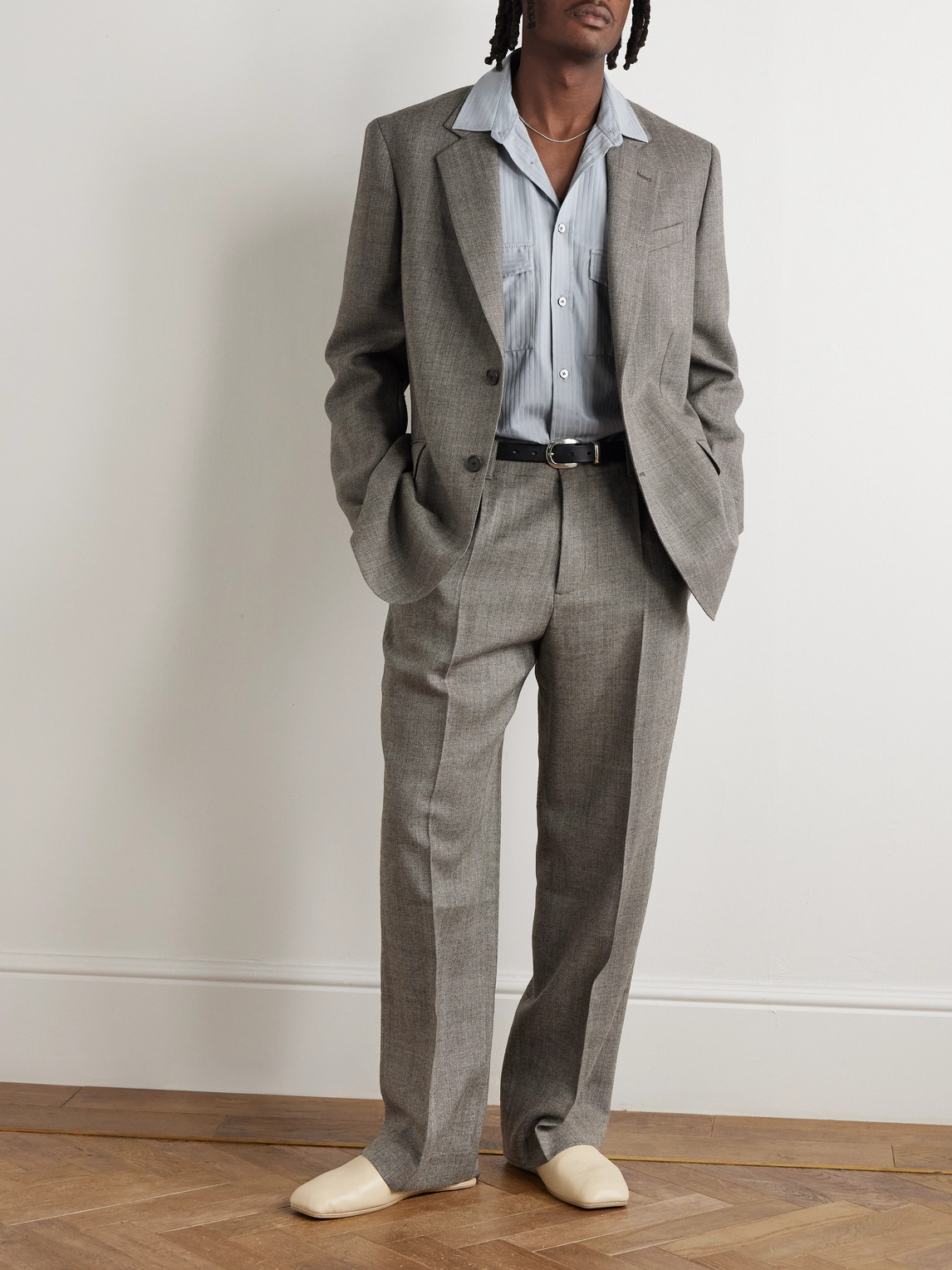 Our Legacy Borrowed Chino Wide-leg Pleated Wool Trousers In Gray