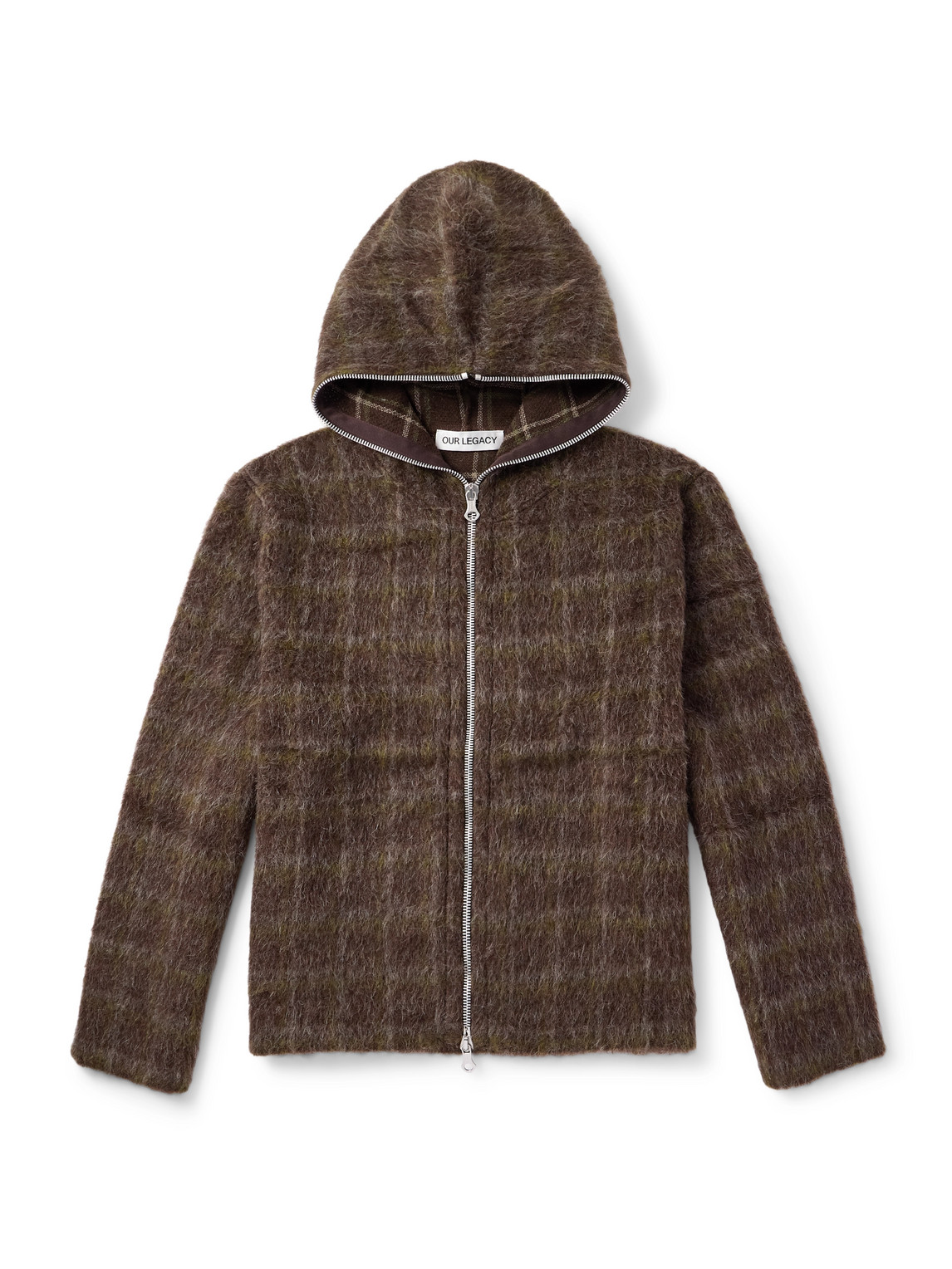 Checked Brushed-Knit Zip-Up Hoodie