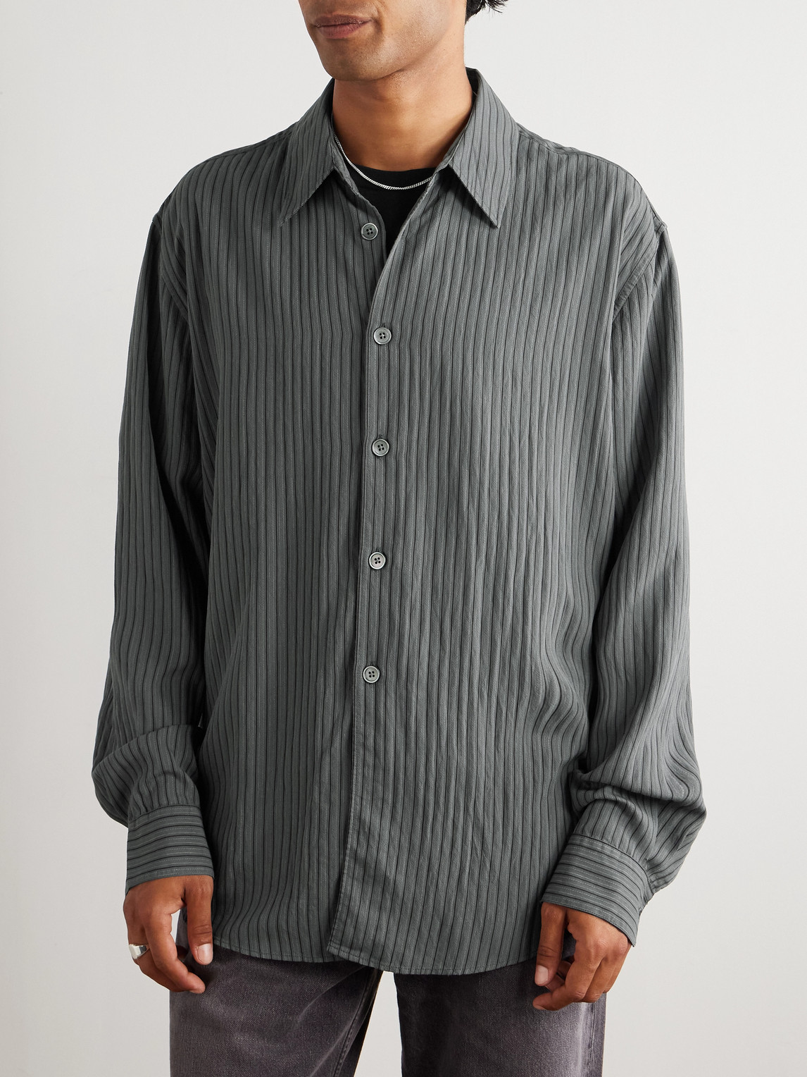 Our Legacy Beyond Oversized Striped Crepe Shirt In Green