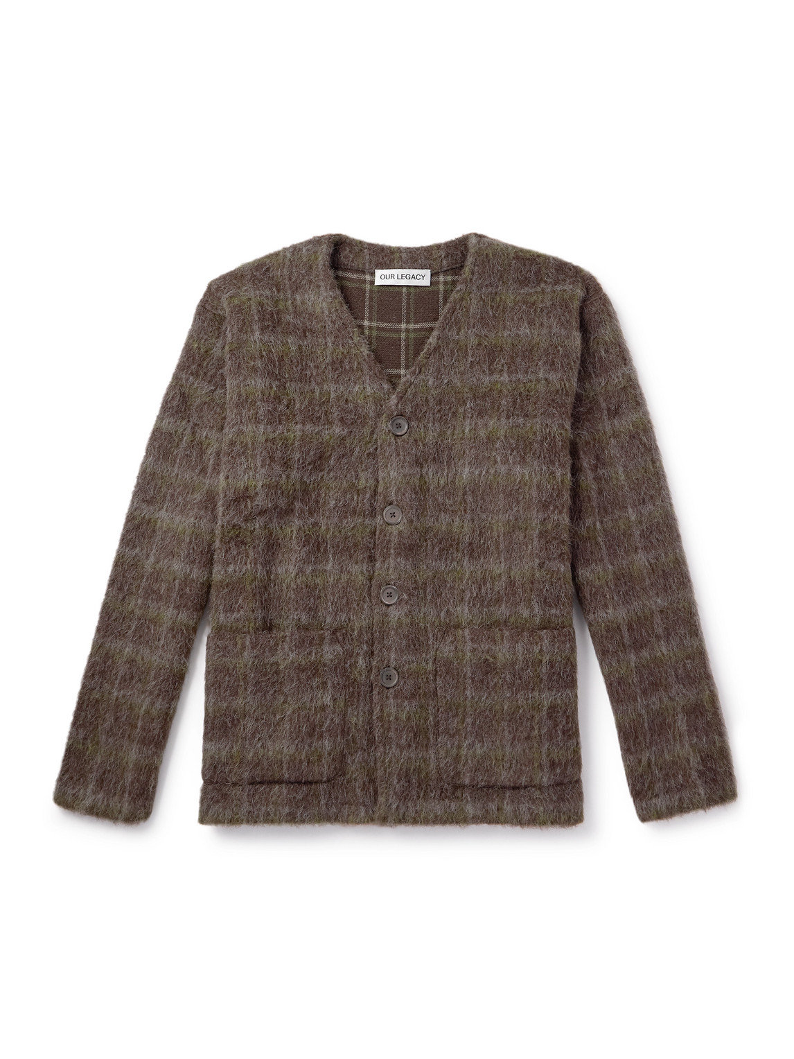 Checked Brushed-Knit Cardigan