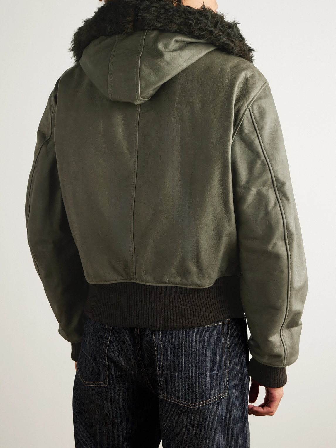 Our Legacy Compel Plush-trimmed Leather Jacket In Green