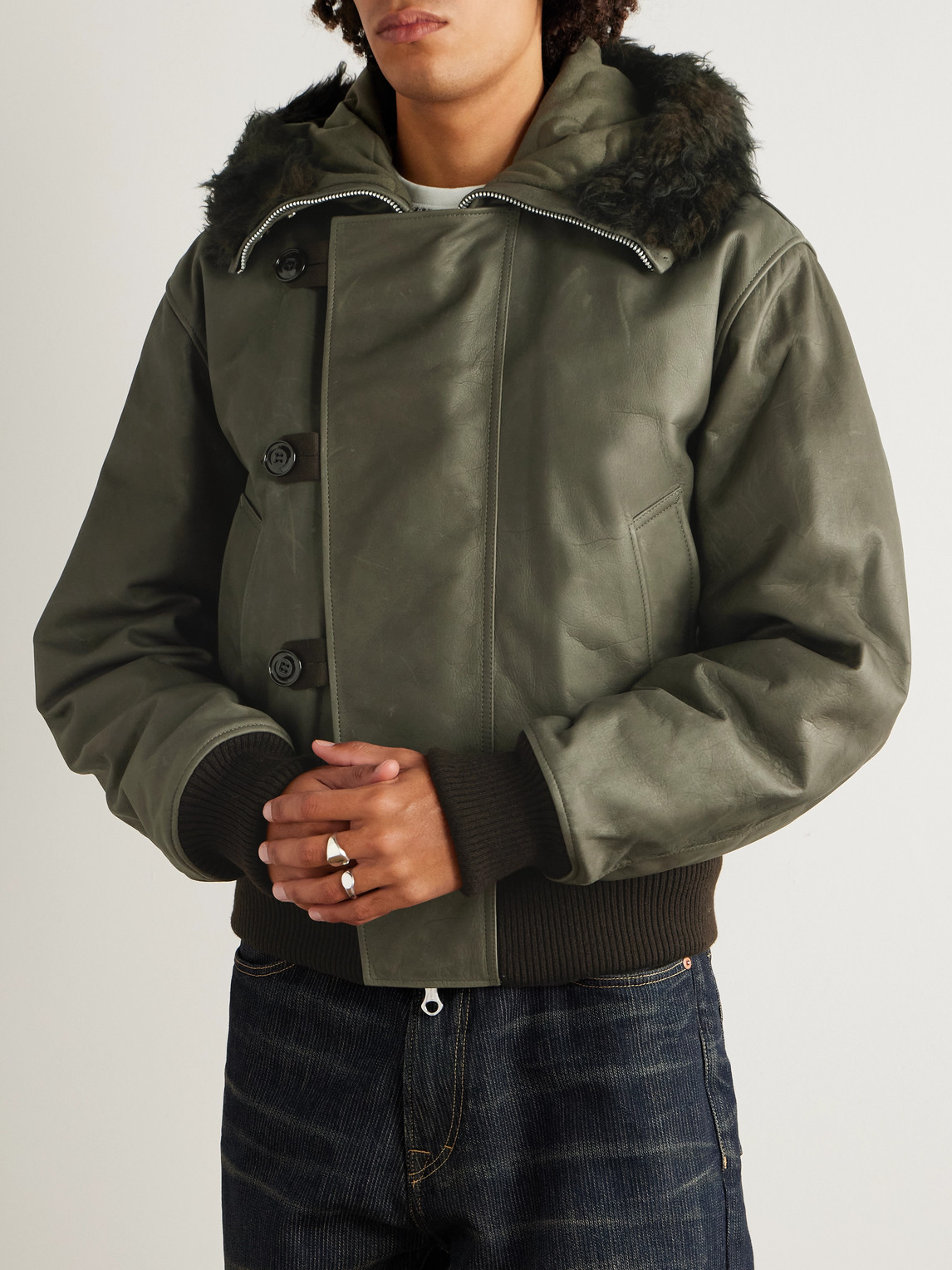 Our Legacy Compel Plush-trimmed Leather Jacket In Green