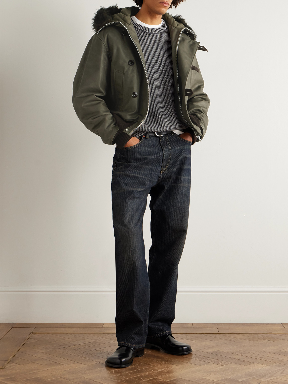 Our Legacy Compel Plush-trimmed Leather Jacket In Green