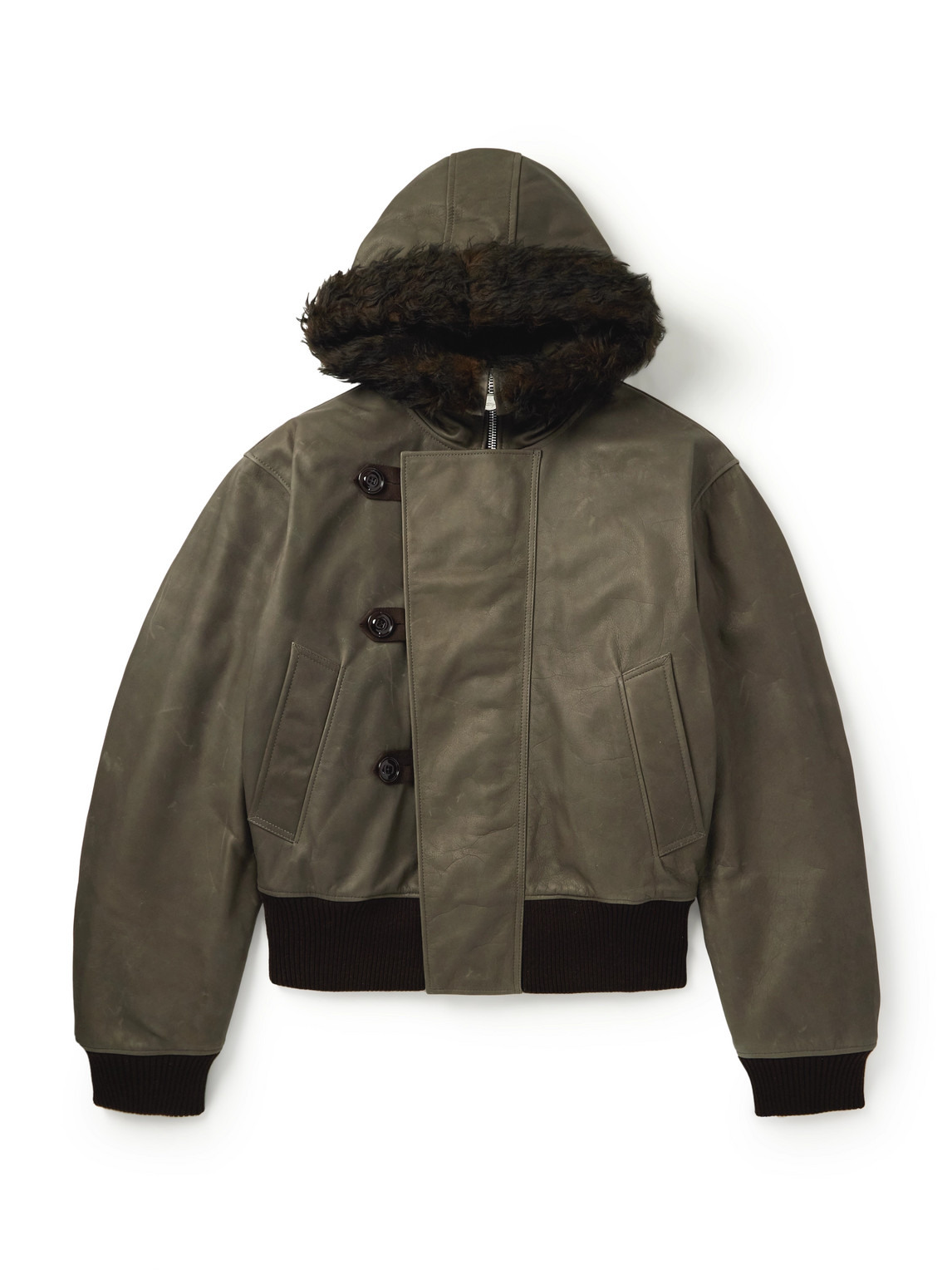 Our Legacy Compel Plush-trimmed Leather Jacket In Green