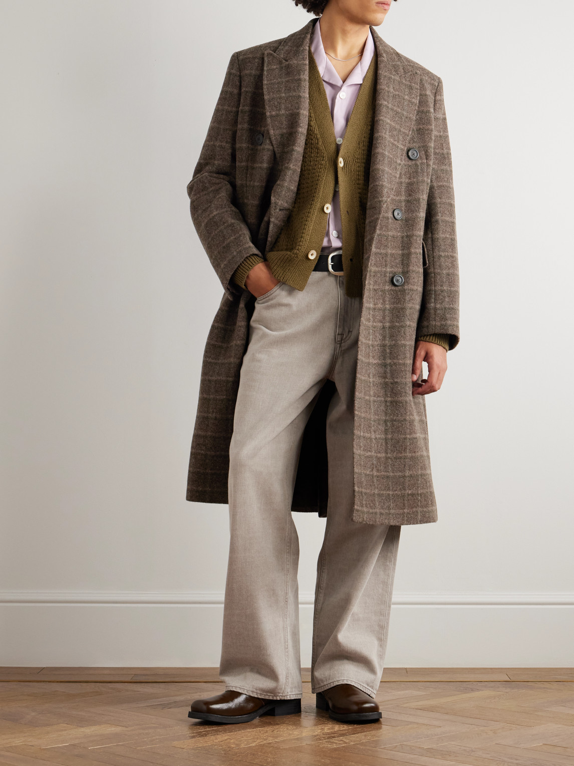 Our Legacy Double-breasted Checked Boiled-wool Coat In Brown