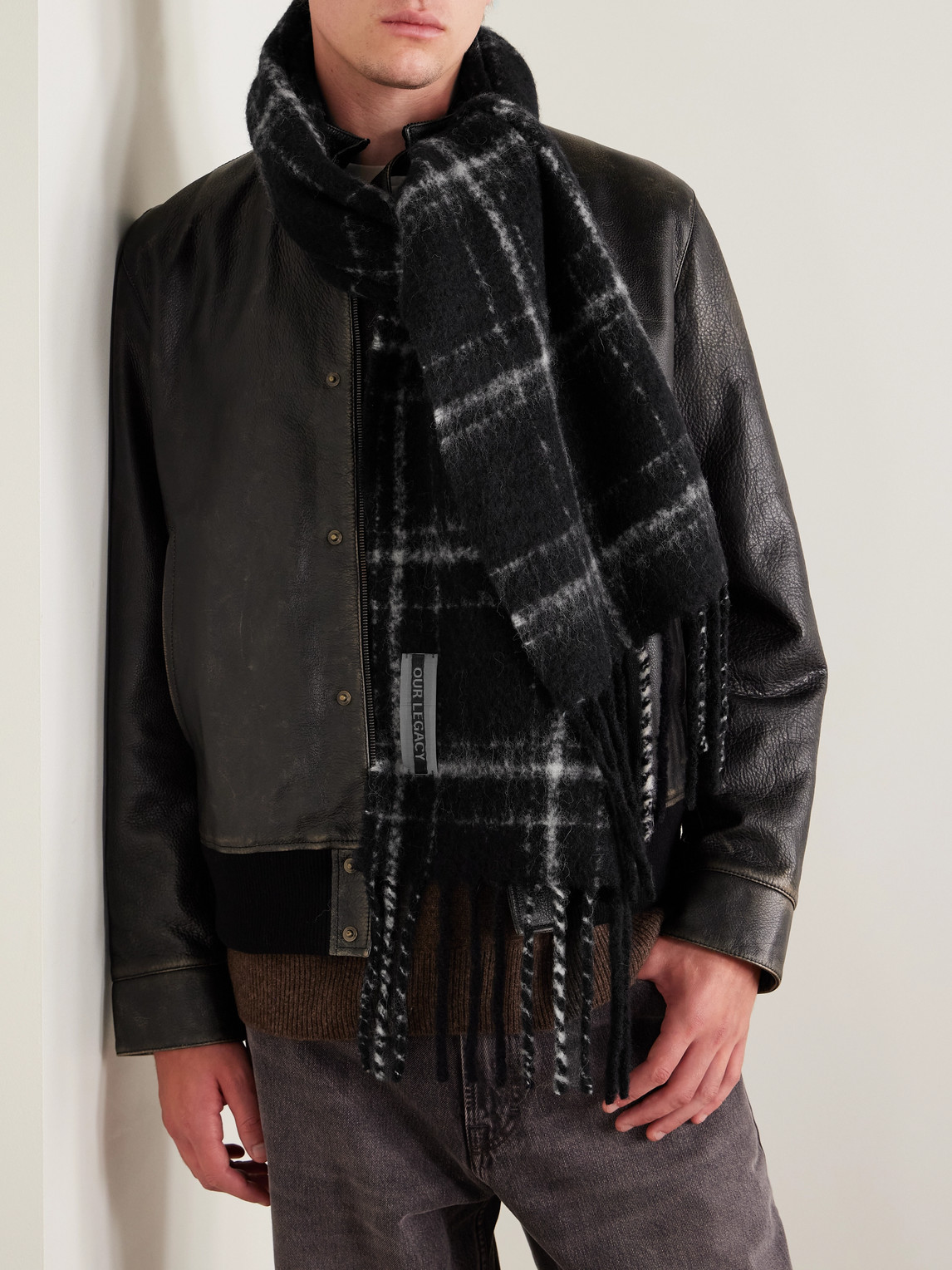 Our Legacy Estate Fringed Checked Alpaca-blend Scarf In Black