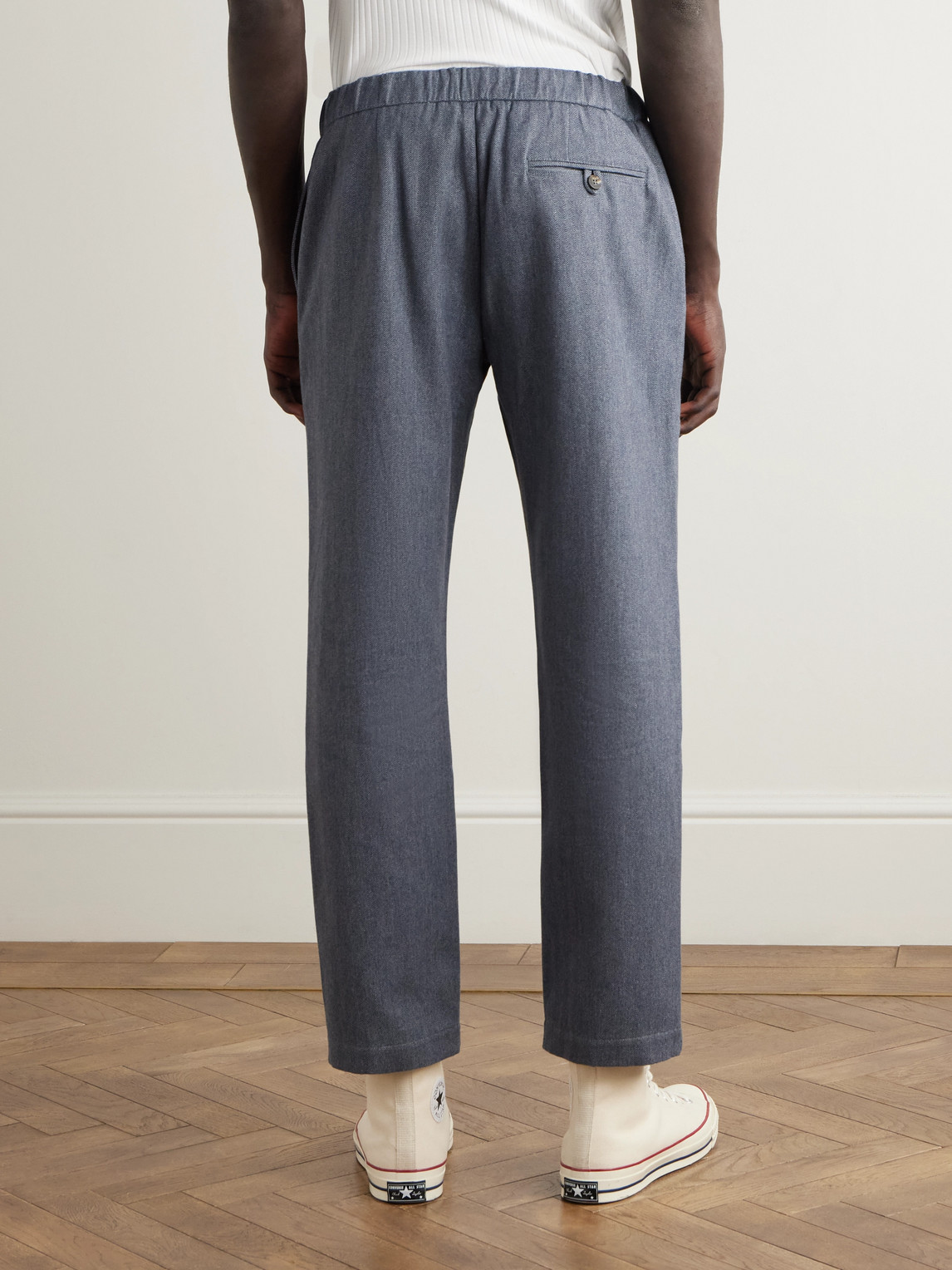 Frescobol Carioca Oscar Straight-leg Herringbone Cotton And Cashmere-blend Drawstring Trousers In Blue