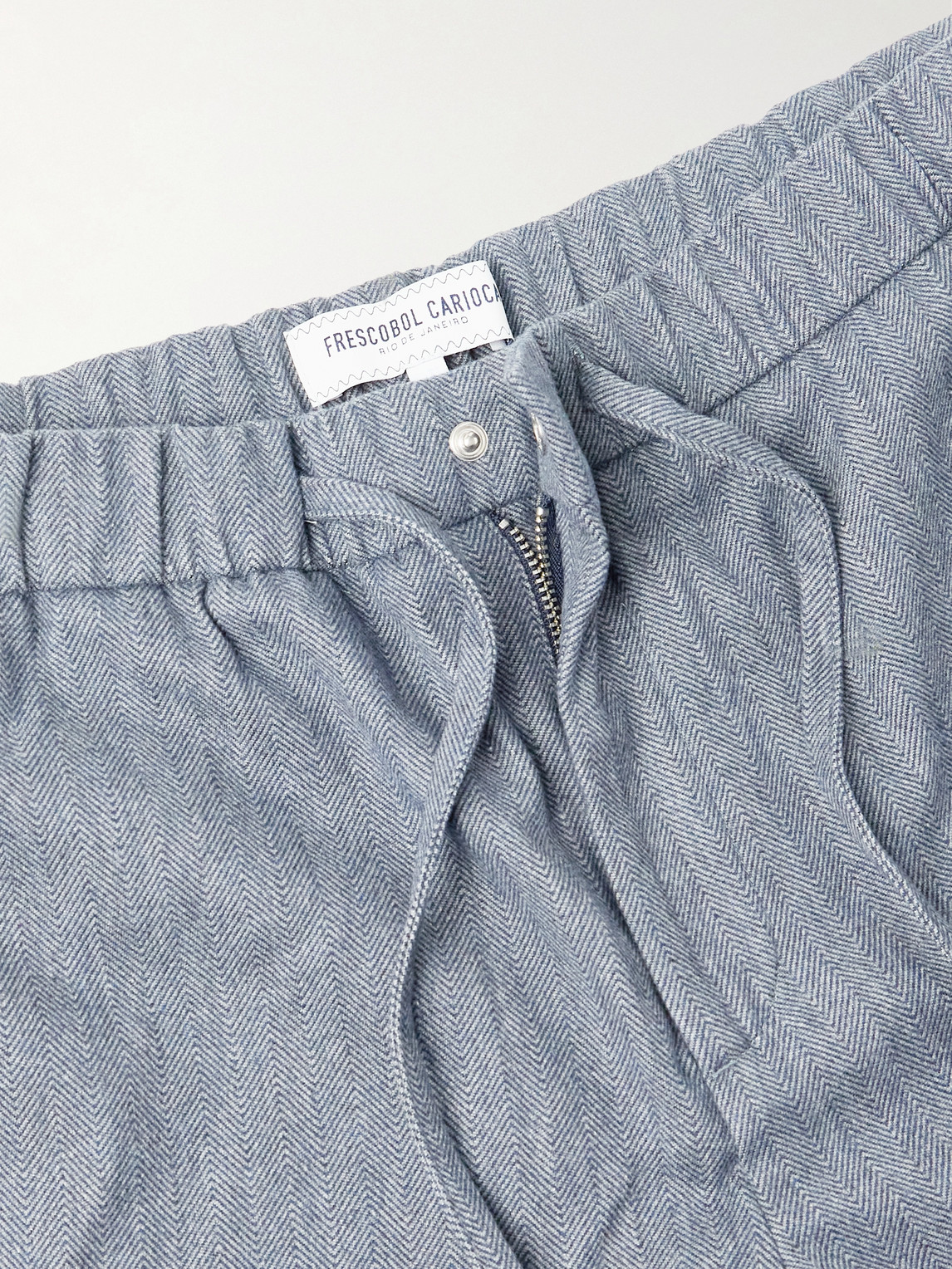 Frescobol Carioca Oscar Straight-leg Herringbone Cotton And Cashmere-blend Drawstring Trousers In Blue