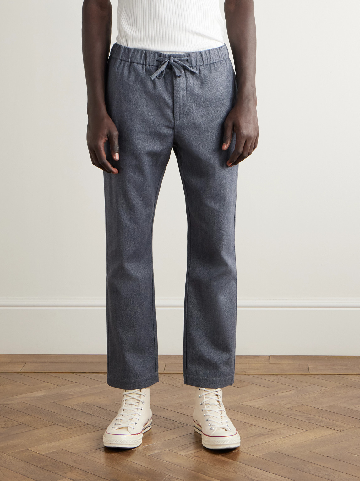 Frescobol Carioca Oscar Straight-leg Herringbone Cotton And Cashmere-blend Drawstring Trousers In Blue