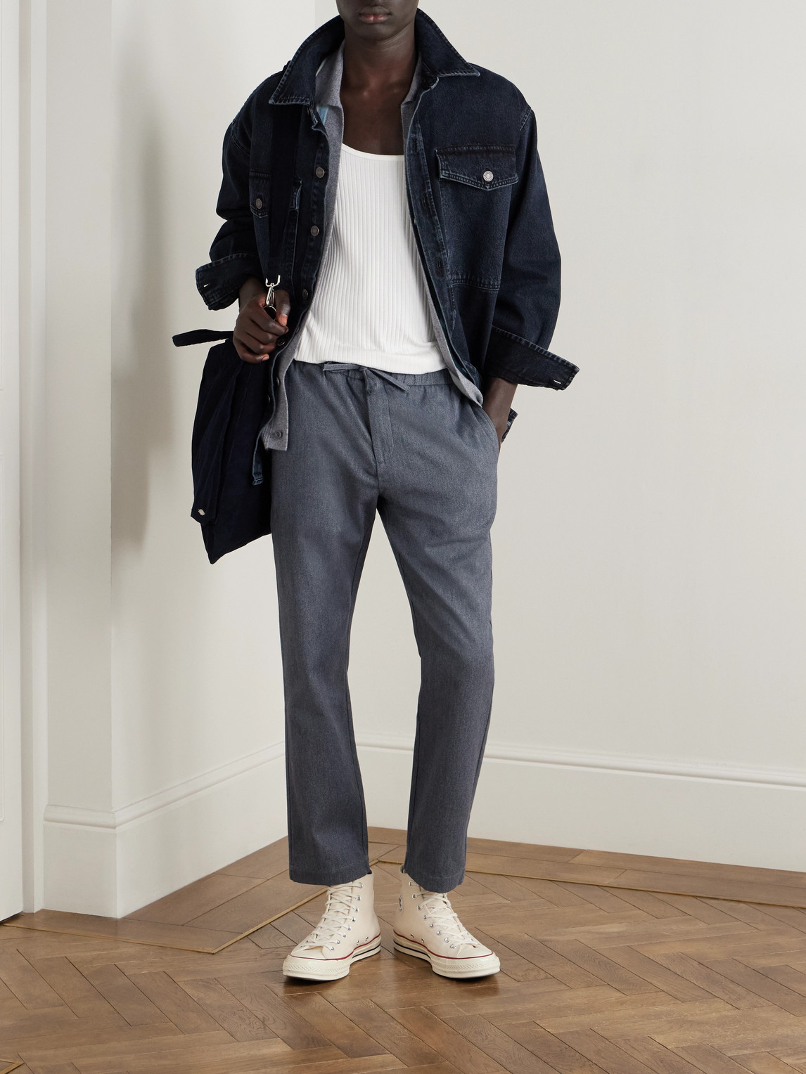 Frescobol Carioca Oscar Straight-leg Herringbone Cotton And Cashmere-blend Drawstring Trousers In Blue