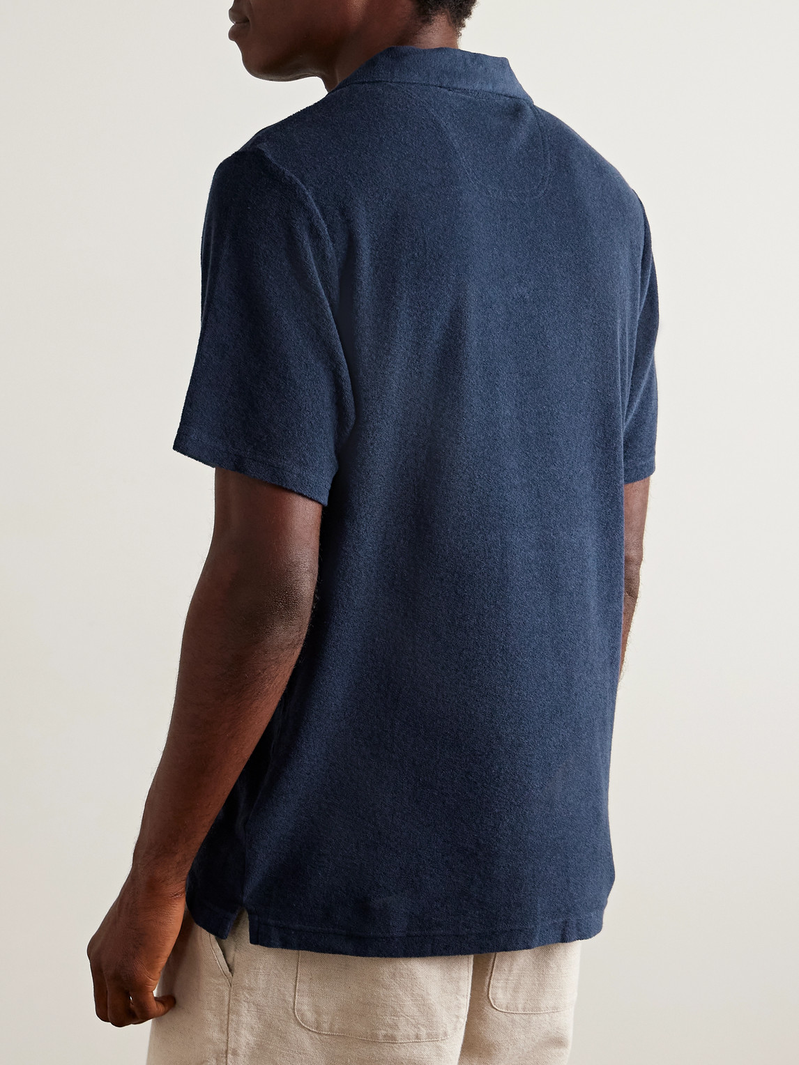 Frescobol Carioca Faustino Camp-collar Cotton, Lyocell And Linen-blend Terry Polo Shirt In Blue