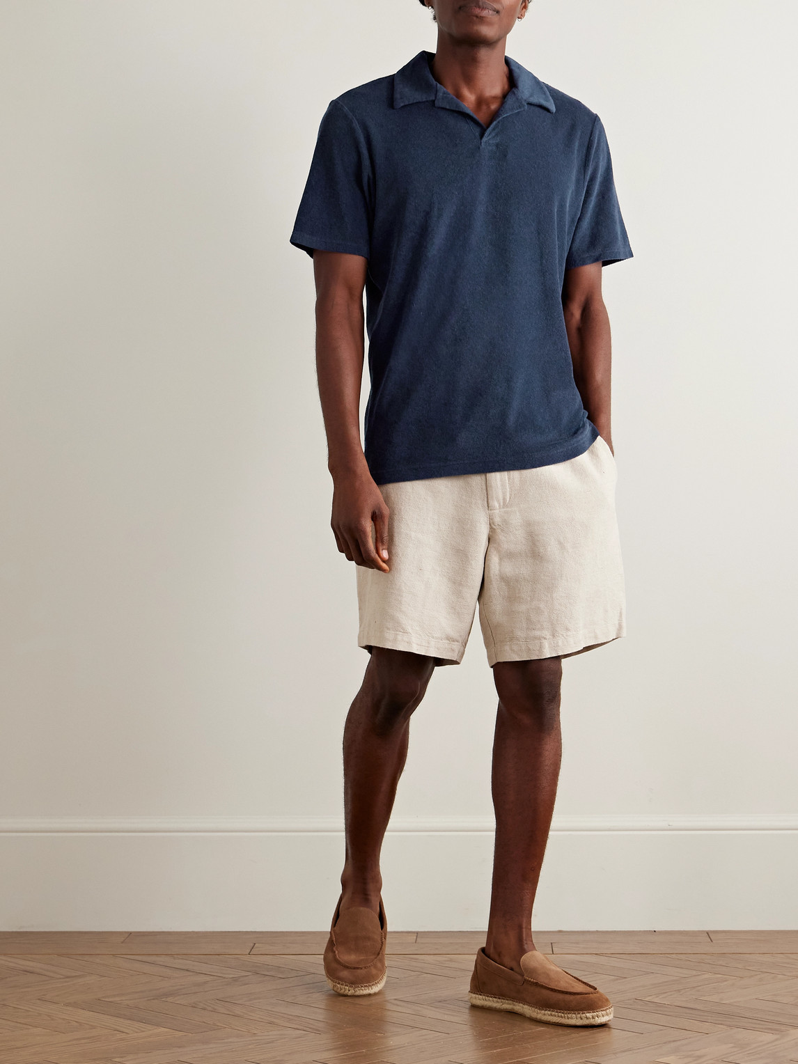 Frescobol Carioca Faustino Camp-collar Cotton, Lyocell And Linen-blend Terry Polo Shirt In Blue