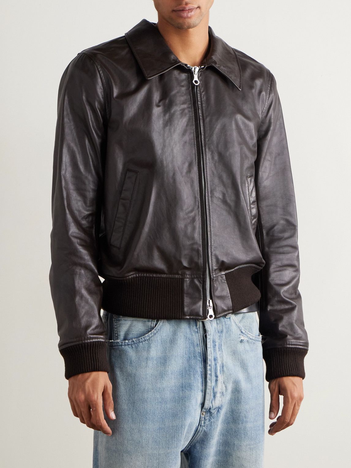 Our Legacy Pharos Wool-blend Trimmed Leather Bomber Jacket In Brown