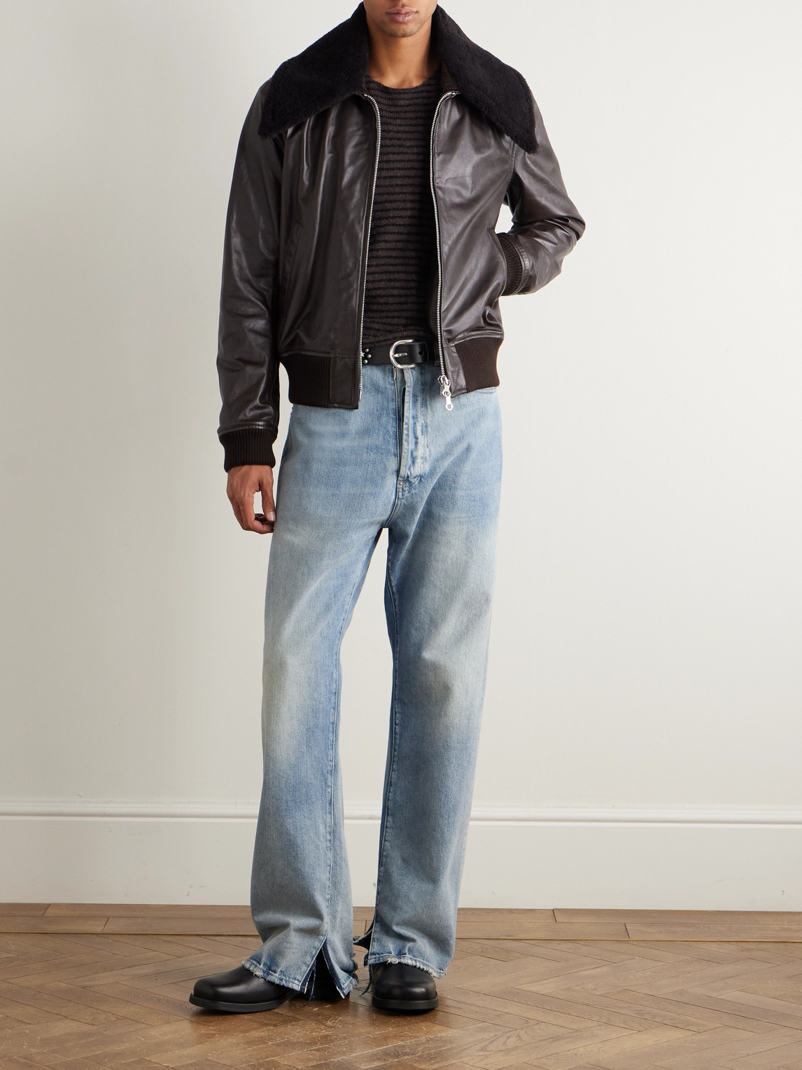 Our Legacy Pharos Wool-blend Trimmed Leather Bomber Jacket In Brown