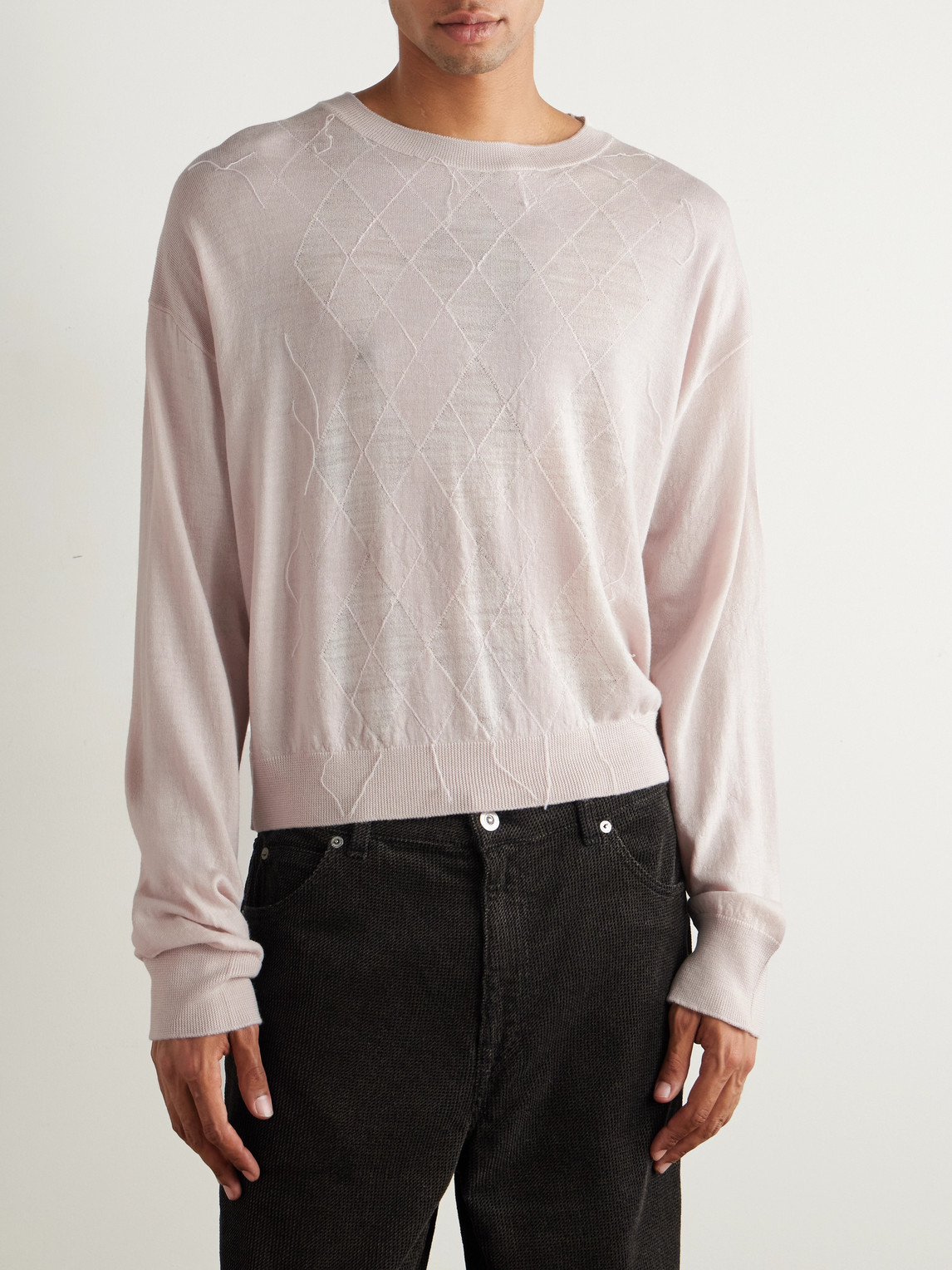 Our Legacy Sonar Distressed Argyle-jacquard Wool Sweater In Pink