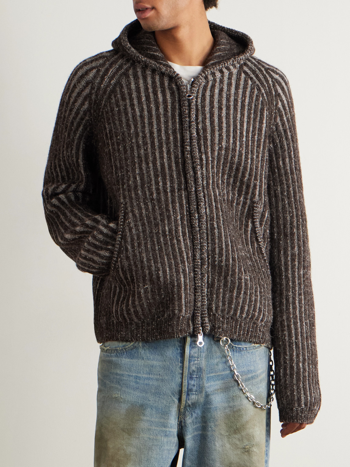 Our Legacy Mens Level Ribbed Wool Hoodie Vanise Brown Stripe In Gray