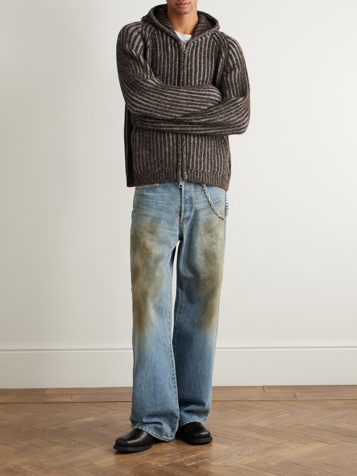 Our Legacy Mens Level Ribbed Wool Hoodie Vanise Brown Stripe In Gray