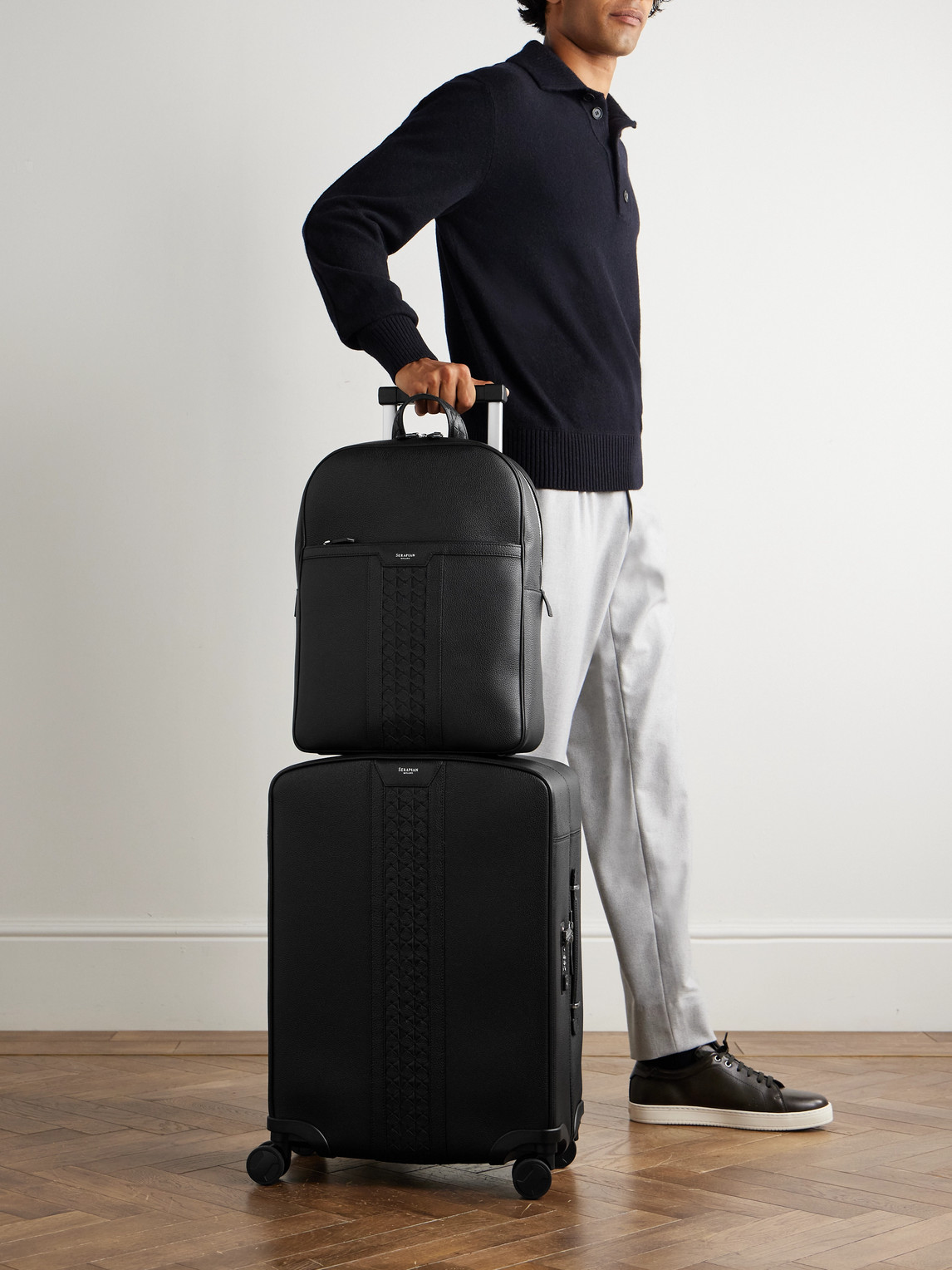 Serapian Mosaico-detailed Full-grain Leather Carry-on Suitcase In Black