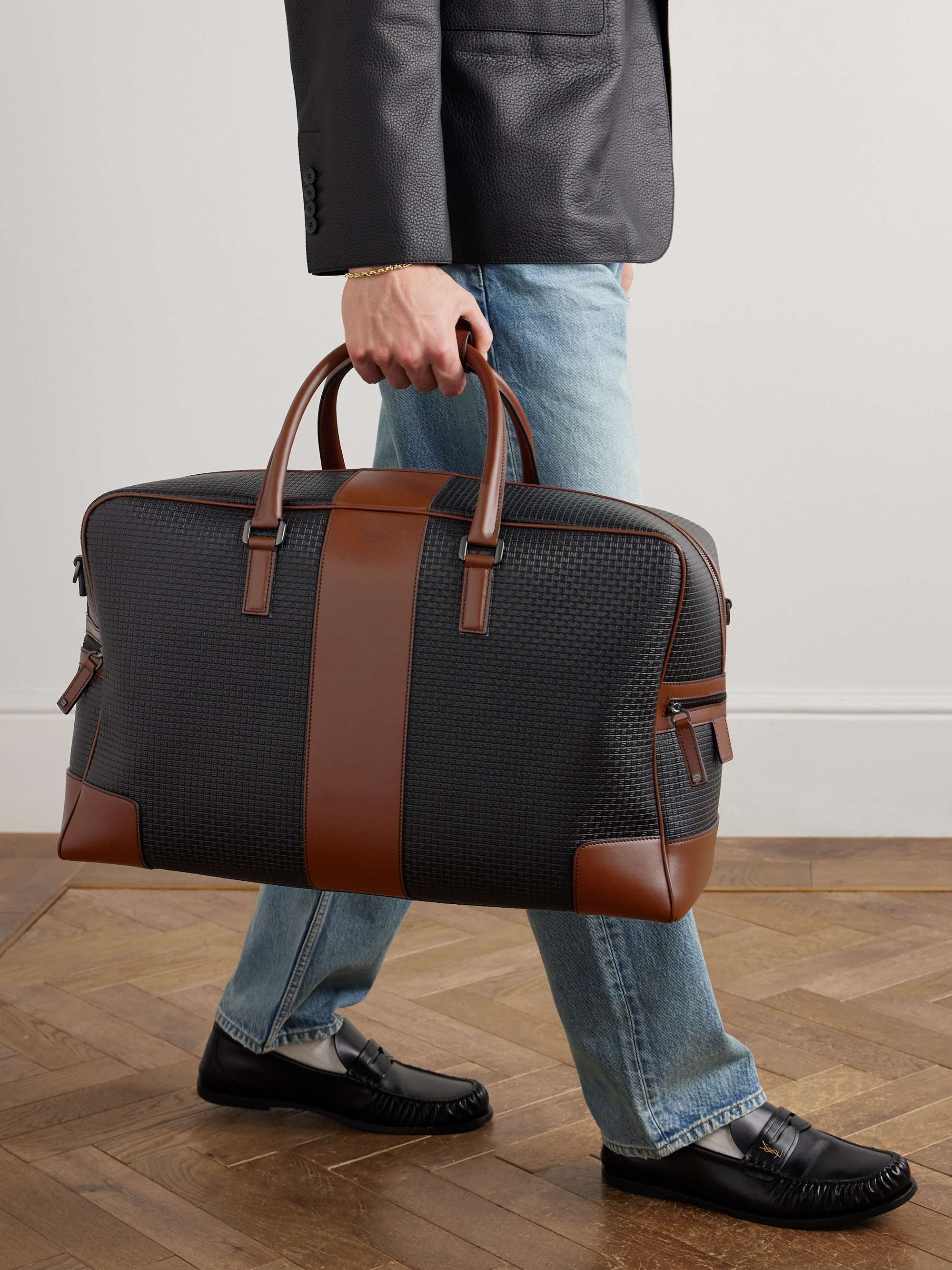 SERAPIAN Stepan Leather-Trimmed  Monogrammed Coated-Canvas Duffle Bag