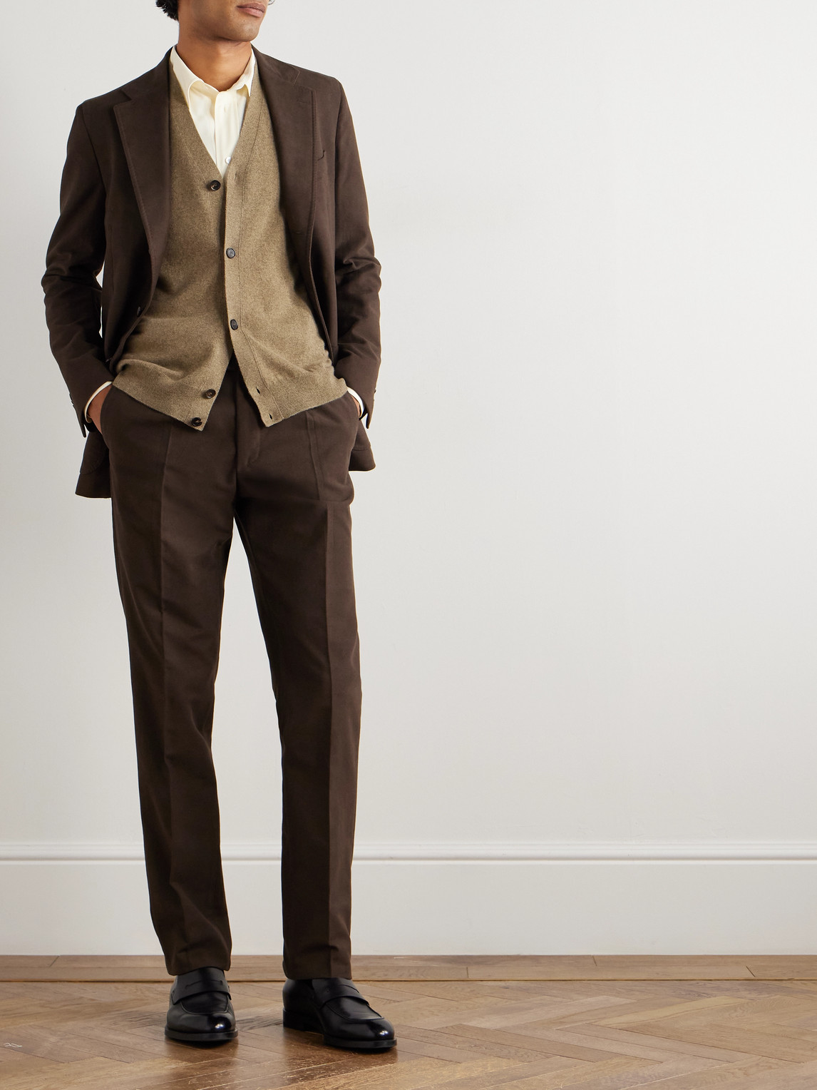 De Petrillo Slim-fit Tapered Cotton-moleskin Suit Trousers In Brown