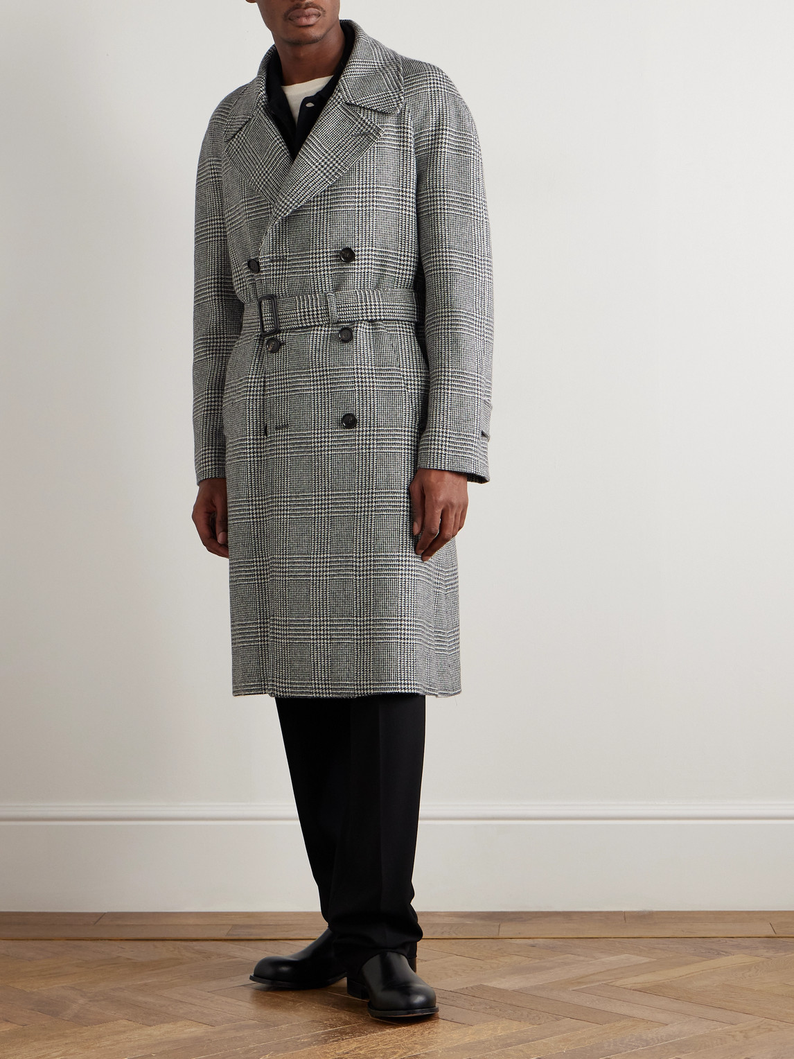 De Petrillo D'avalos Double-breasted Prince Of Wales Checked Alpaca Overcoat In Black
