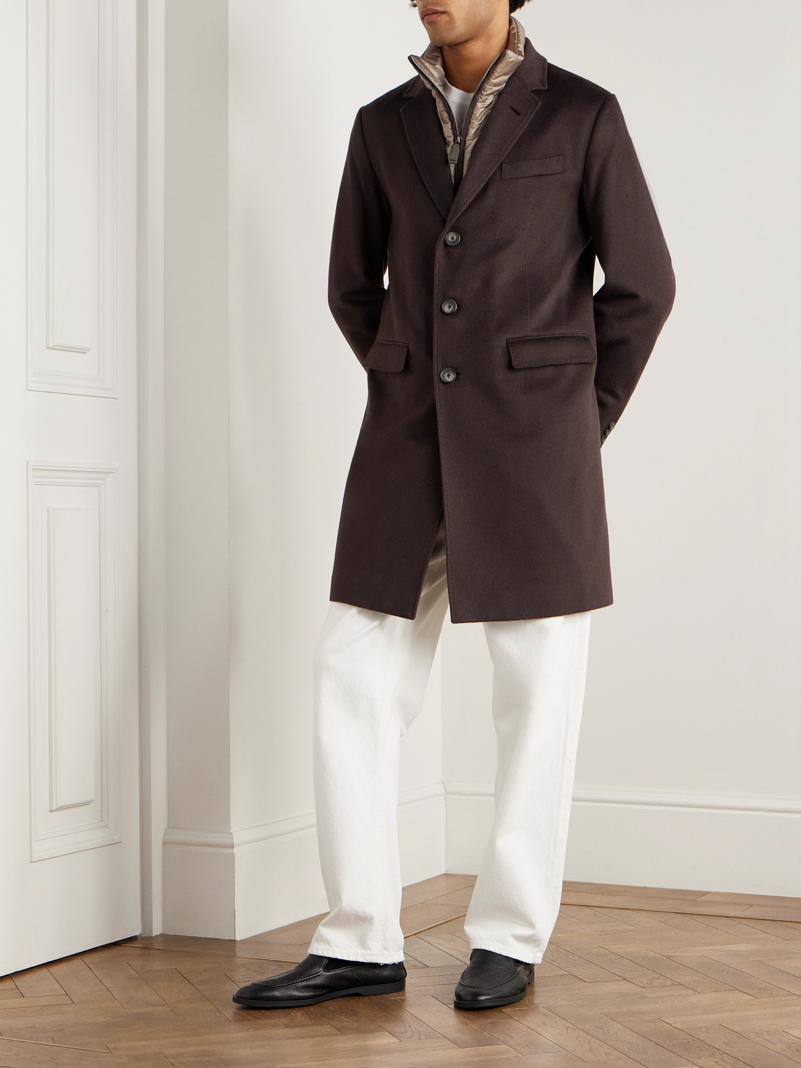 Herno Quilted Nylon-trimmed Cashmere Top Coat In Brown