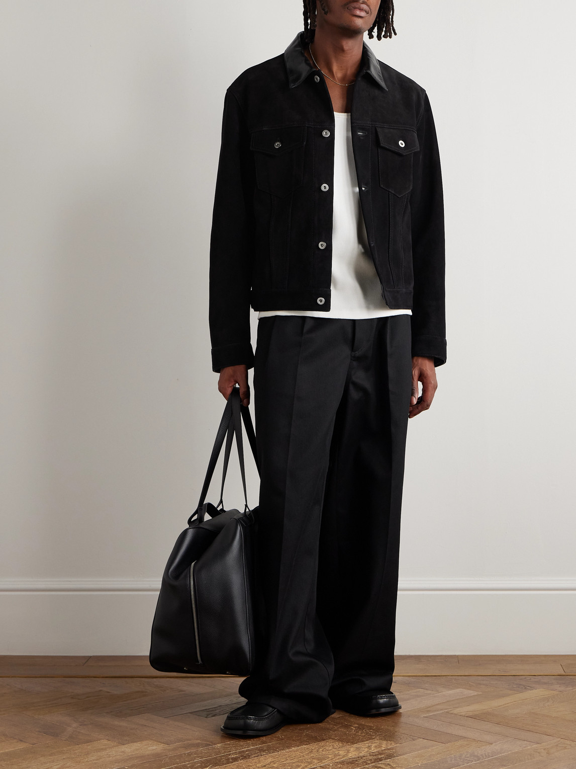 Jil Sander Leather-trimmed Suede Trucker Jacket In Black