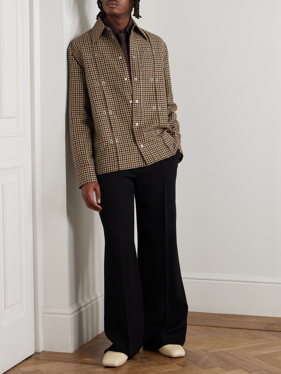 Jil Sander Embellished Checked Wool And Linen-blend Shirt In Brown