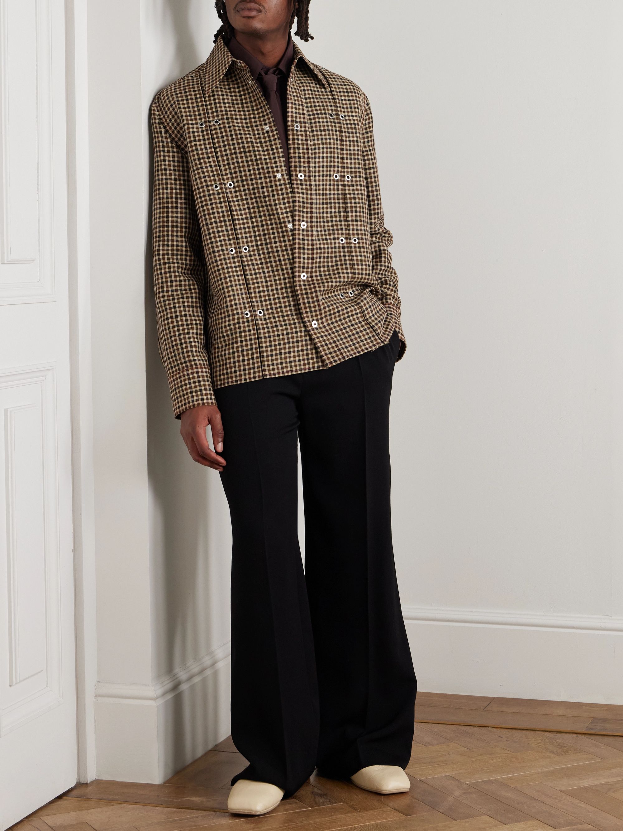 JIL SANDER Embellished Checked Wool and Linen-Blend Shirt