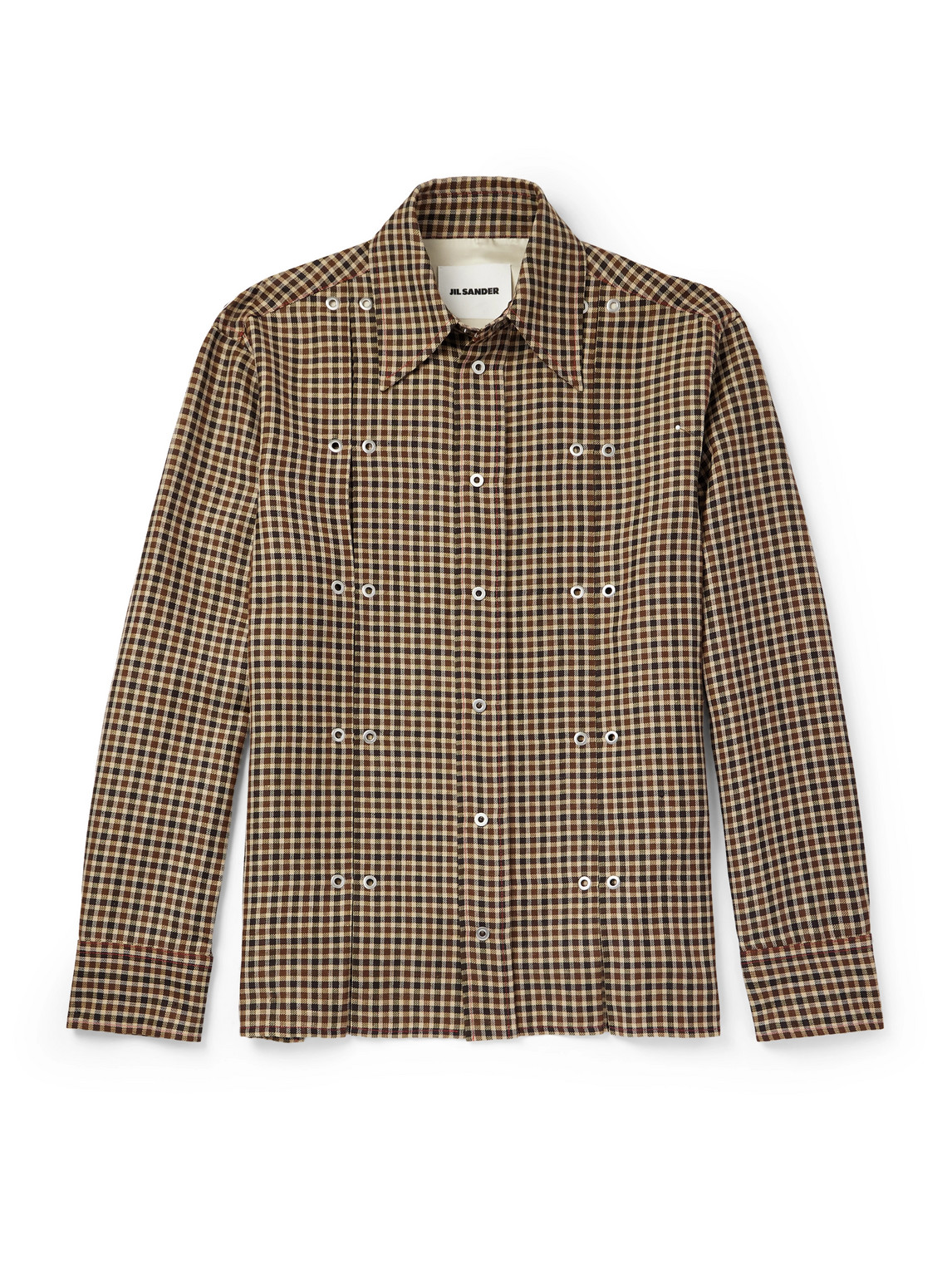 Jil Sander Embellished Checked Wool And Linen-blend Shirt In Brown