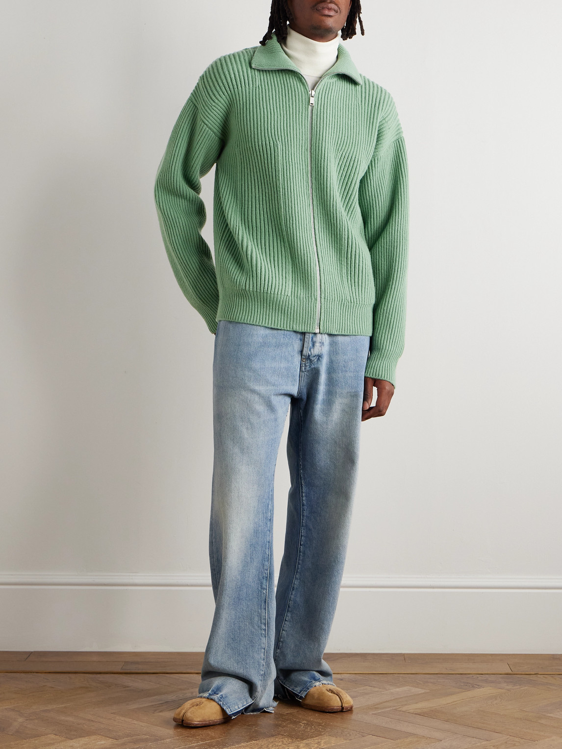 Jil Sander Ribbed Wool Zip-up Cardigan In Green