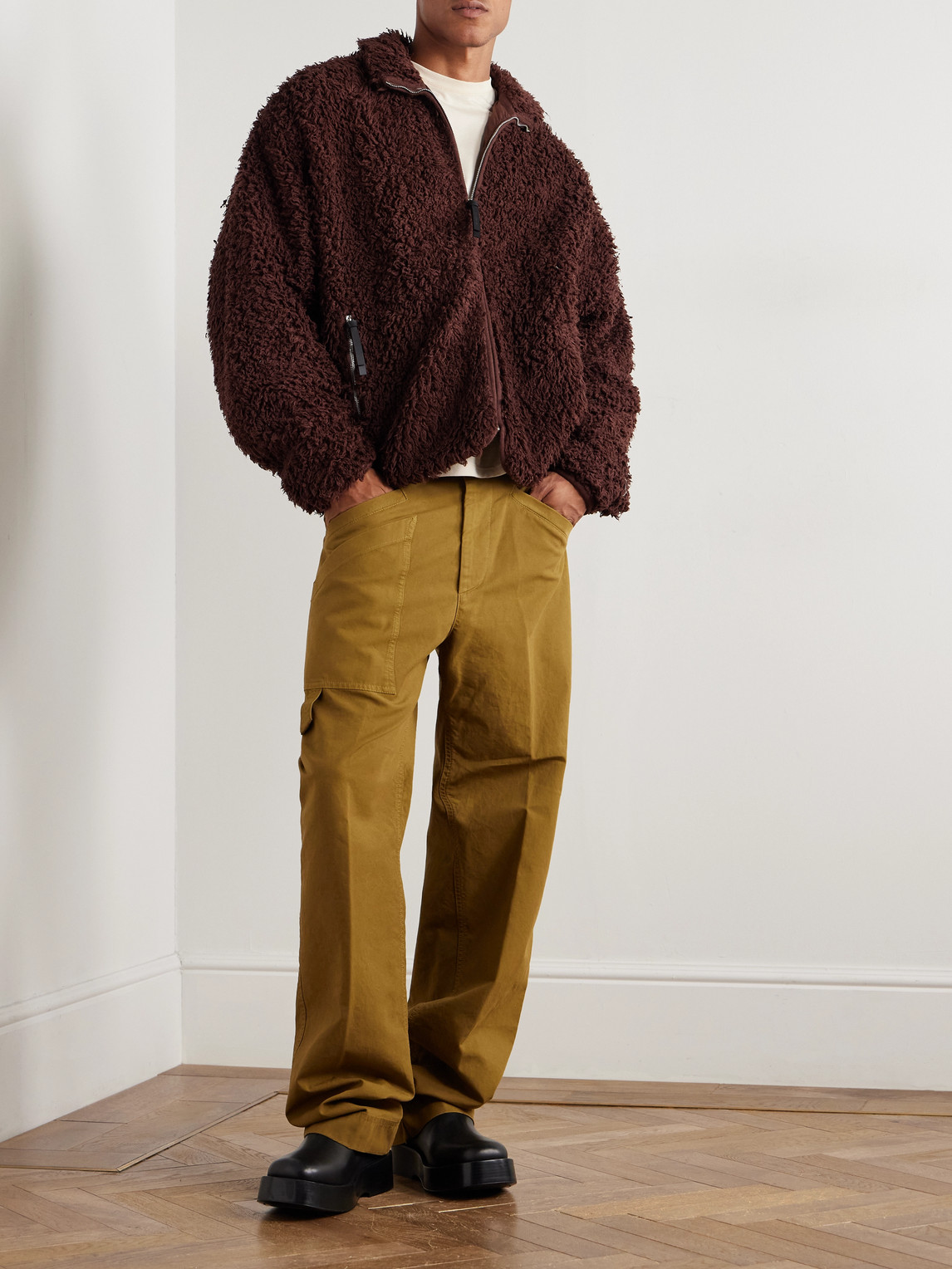 Jil Sander Leather-trimmed Cotton-fleece Jacket In Brown