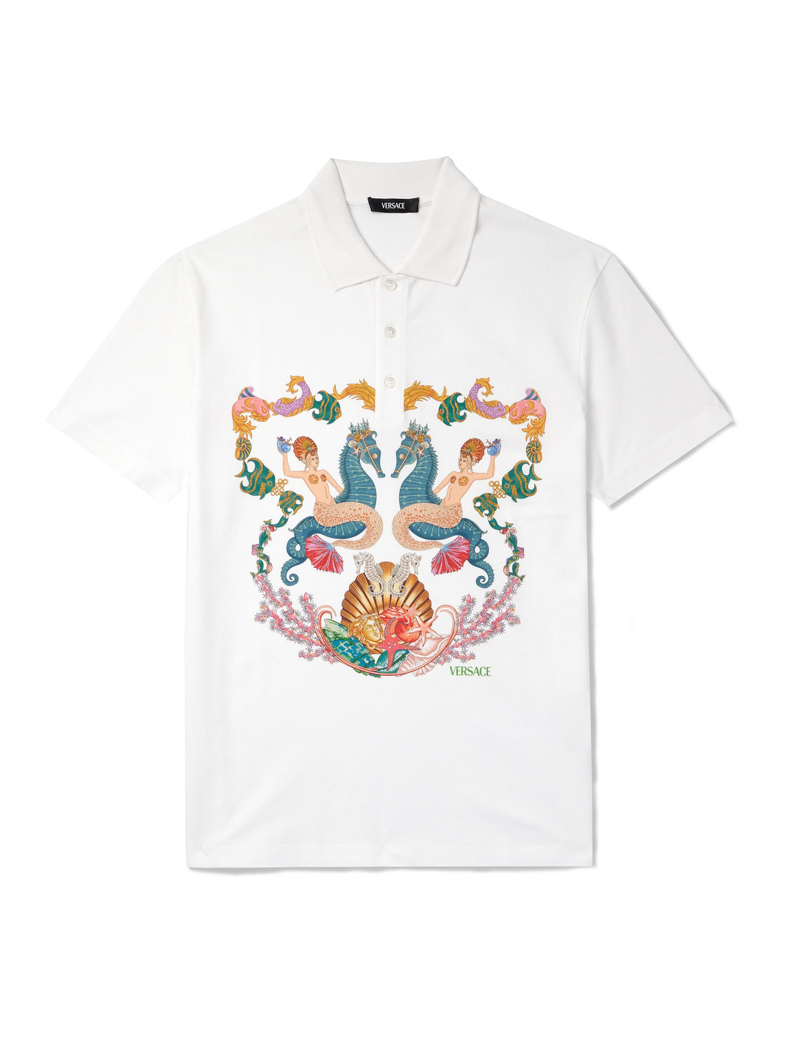 Versace Printed Cotton-piqué Polo Shirt In White