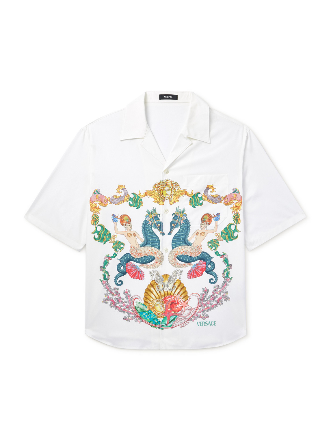Versace Coral Theatre Camp-collar Printed Cotton-poplin Shirt In White