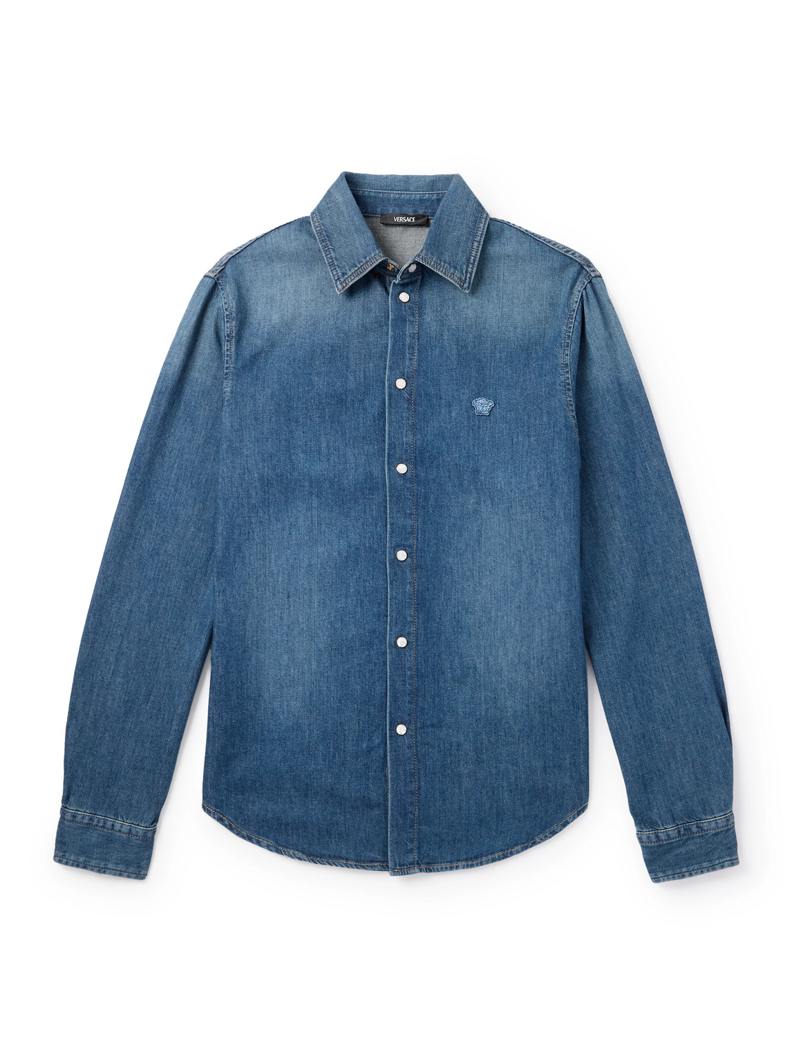 Versace Logo-appliquéd Denim Shirt In Blue