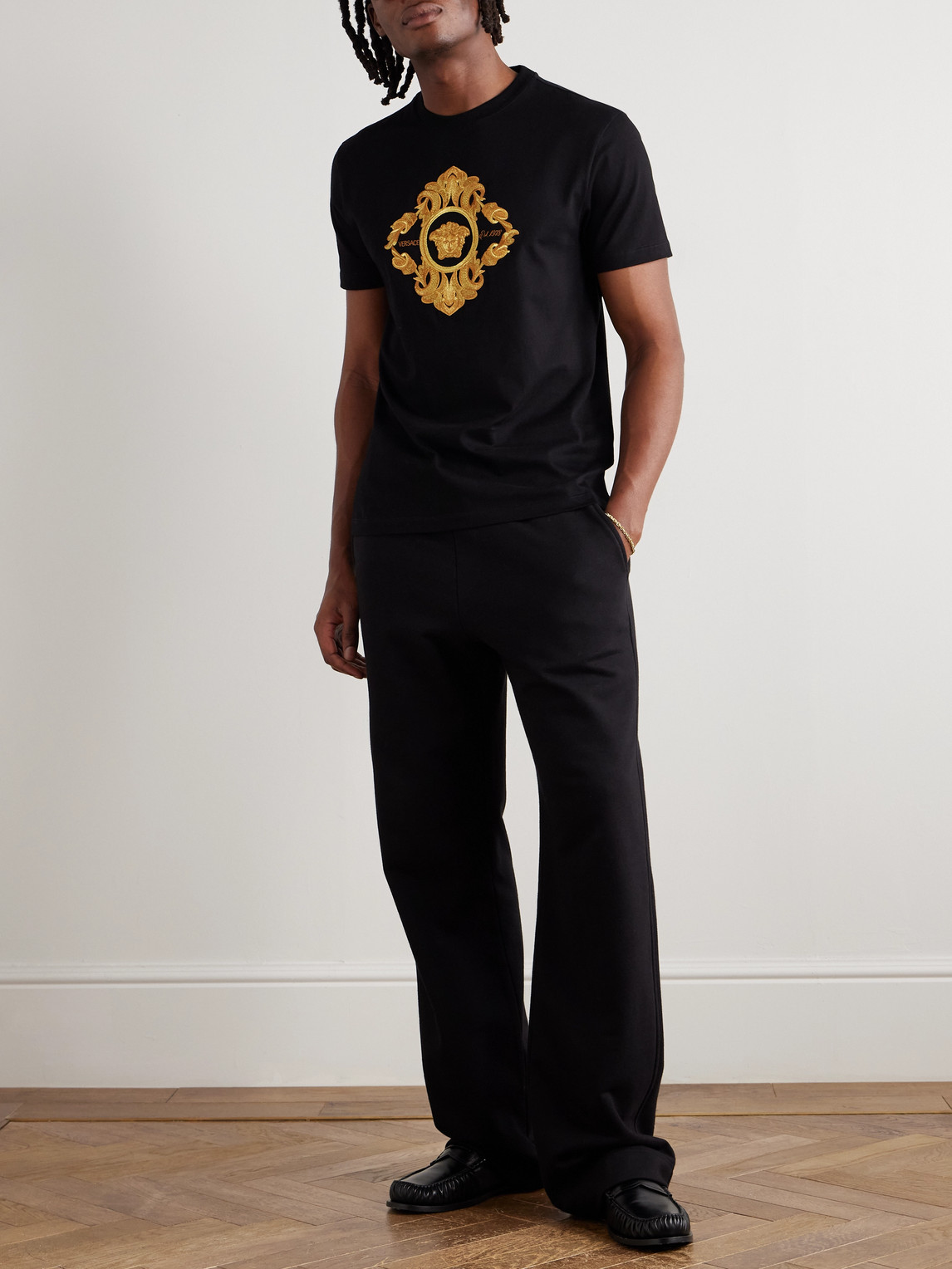 Versace Architectural Baroque Embroidered T-shirt In Black