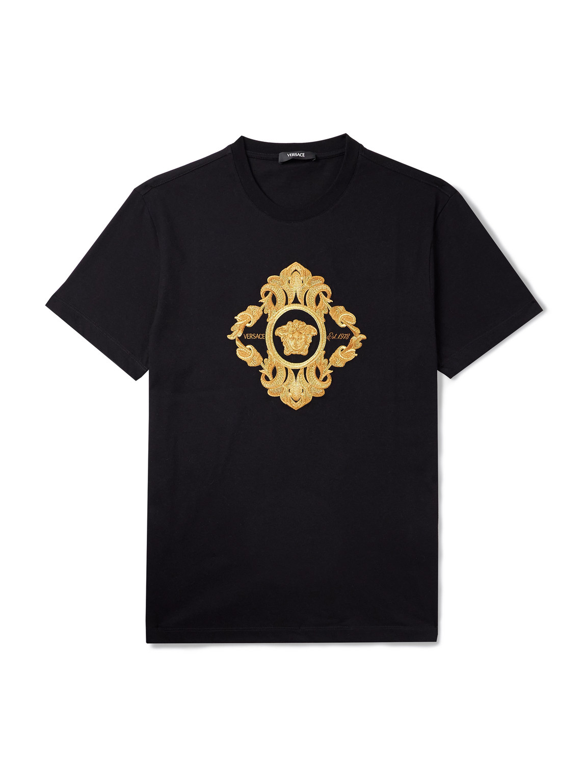 Versace Logo-embroidered Cotton-jersey T-shirt In Black