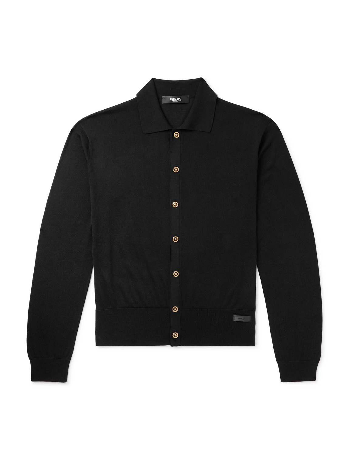 Versace Logo-appliquéd Silk And Cotton-blend Cardigan In Black