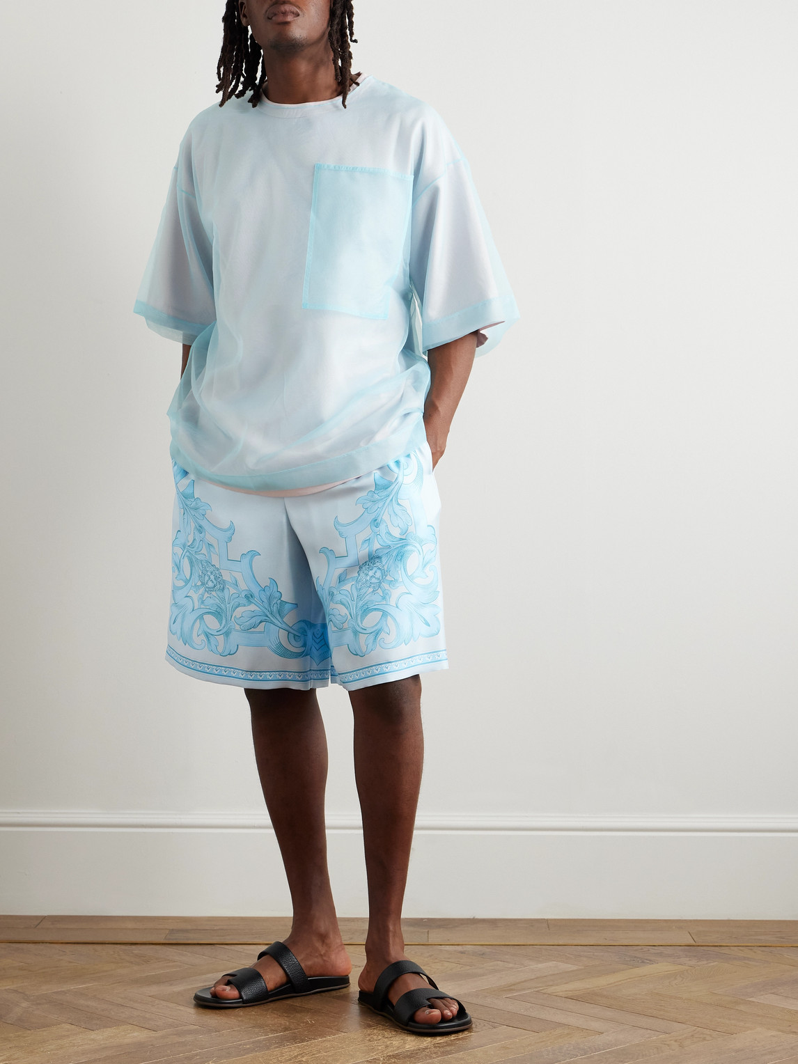 Versace Architectural Baroque Print Silk Shorts In Blue