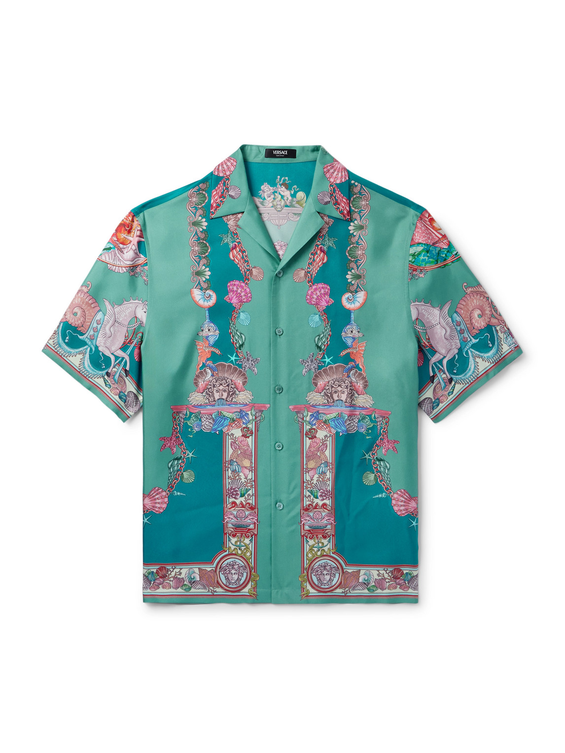 Versace Camp-collar Printed Silk-twill Shirt In Blue